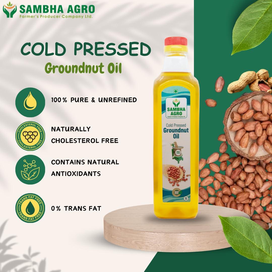 SAMBHA AGRO Sambha Agro 1L Cold Pressed Groundnut Oil - Better, Pure & Unrefined | Naturally Cholesterol-Free Cooking Oil with Rich Aroma & Flavor | A1 Grade Groundnuts | Purity in Every Drop (Pack of 2)
