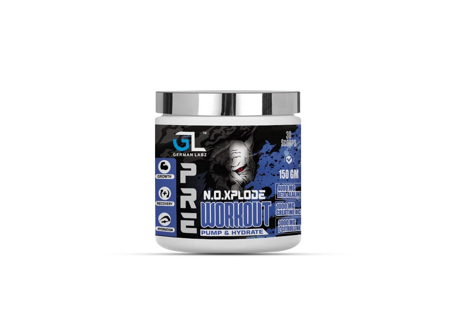 German Labz German Labz N.O. Xplode Pre Workout Powder with Creatine for Performance, Beta Alanine for Muscle, L-Citrulline for Pump & Caffeine for Sustained Energy [150g, 30 Servings, Green Apple]