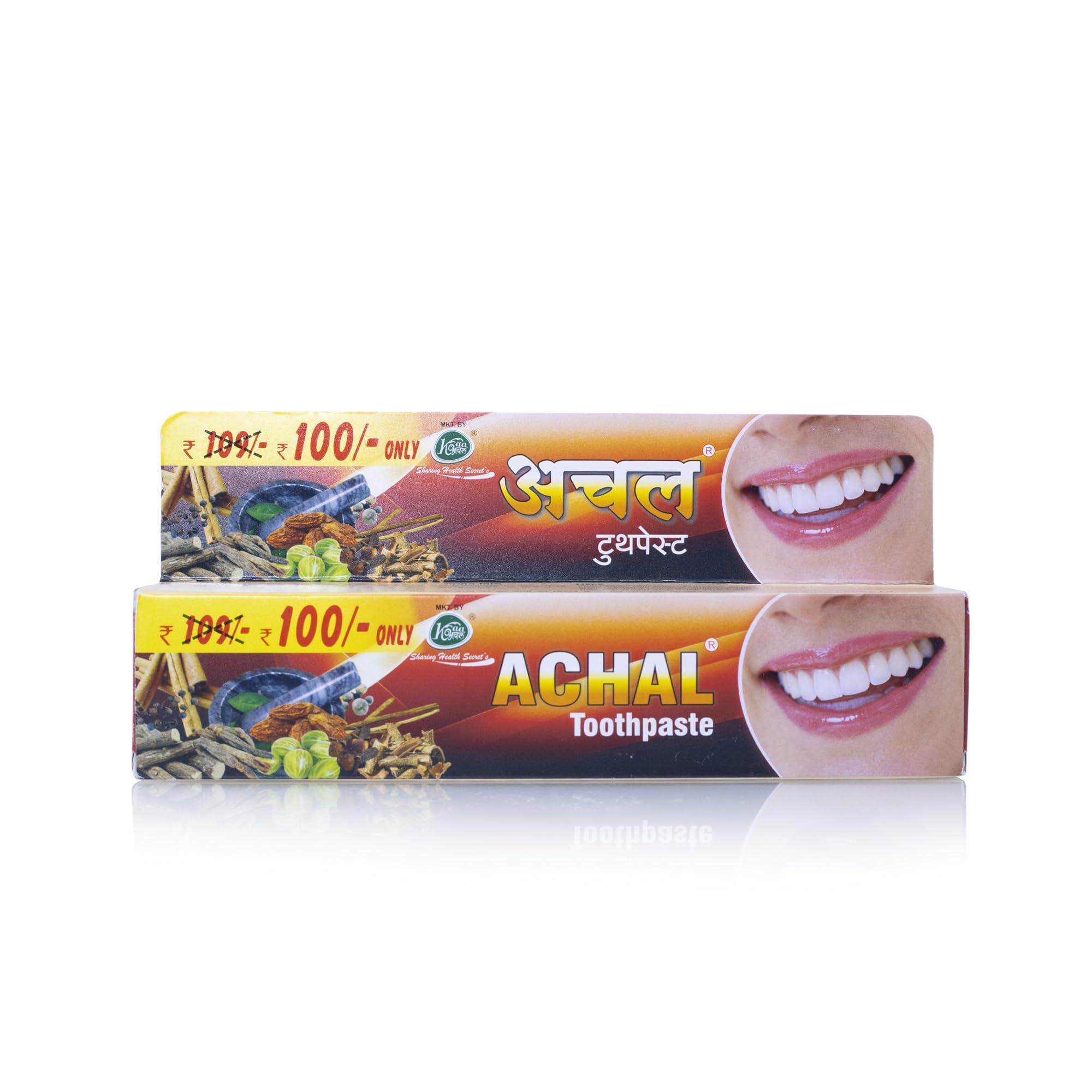 Achal Achal Dant Manjan 80 GM + Achal Toothpaste (2 x 175 GM)- (Combo of 3), Ayurvedic Dental Toothpaste and Tooth powder for Strong Teeth, Fresh Breath & Whitening, For Kids & Adults