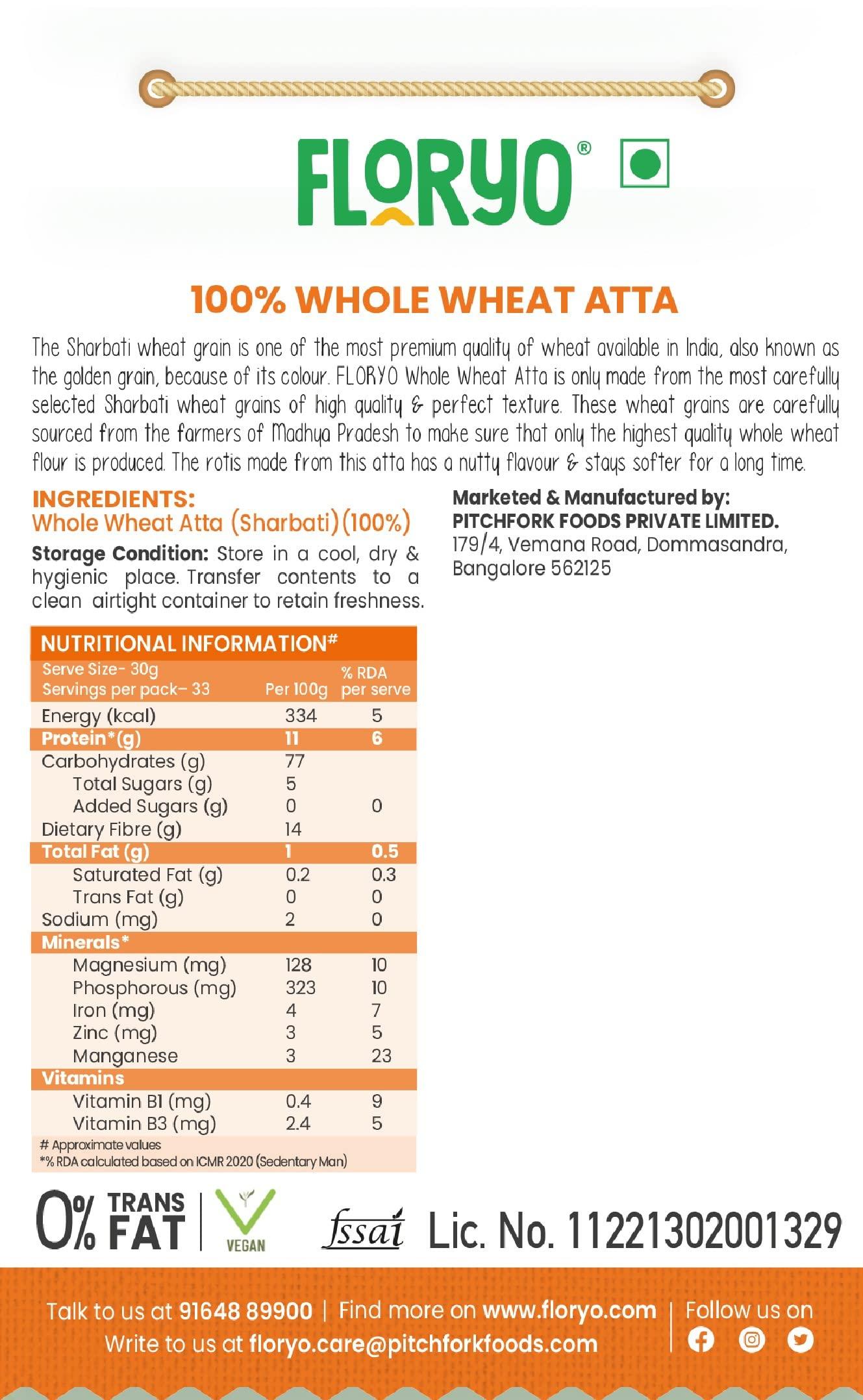 Floryo Floryo 100% Whole Wheat Atta (Superior MP Sharbati Wheat) | Coarse Texture | High Fibre | Freshly Milled After Order | Stone Grounded | 0% Maida | No Preservatives | 1Kg