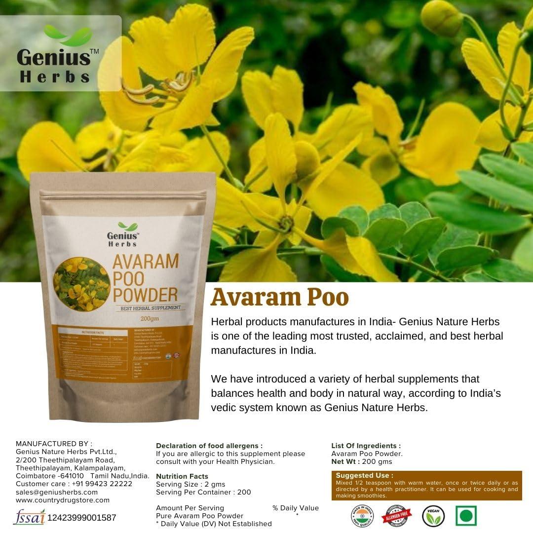 Genius Herbs Genius Herbs Avarampoo Powder 200g | | Tarwar | Aavaram | Senna auriculata | Tangedu Flower Crushed | Pack of 1