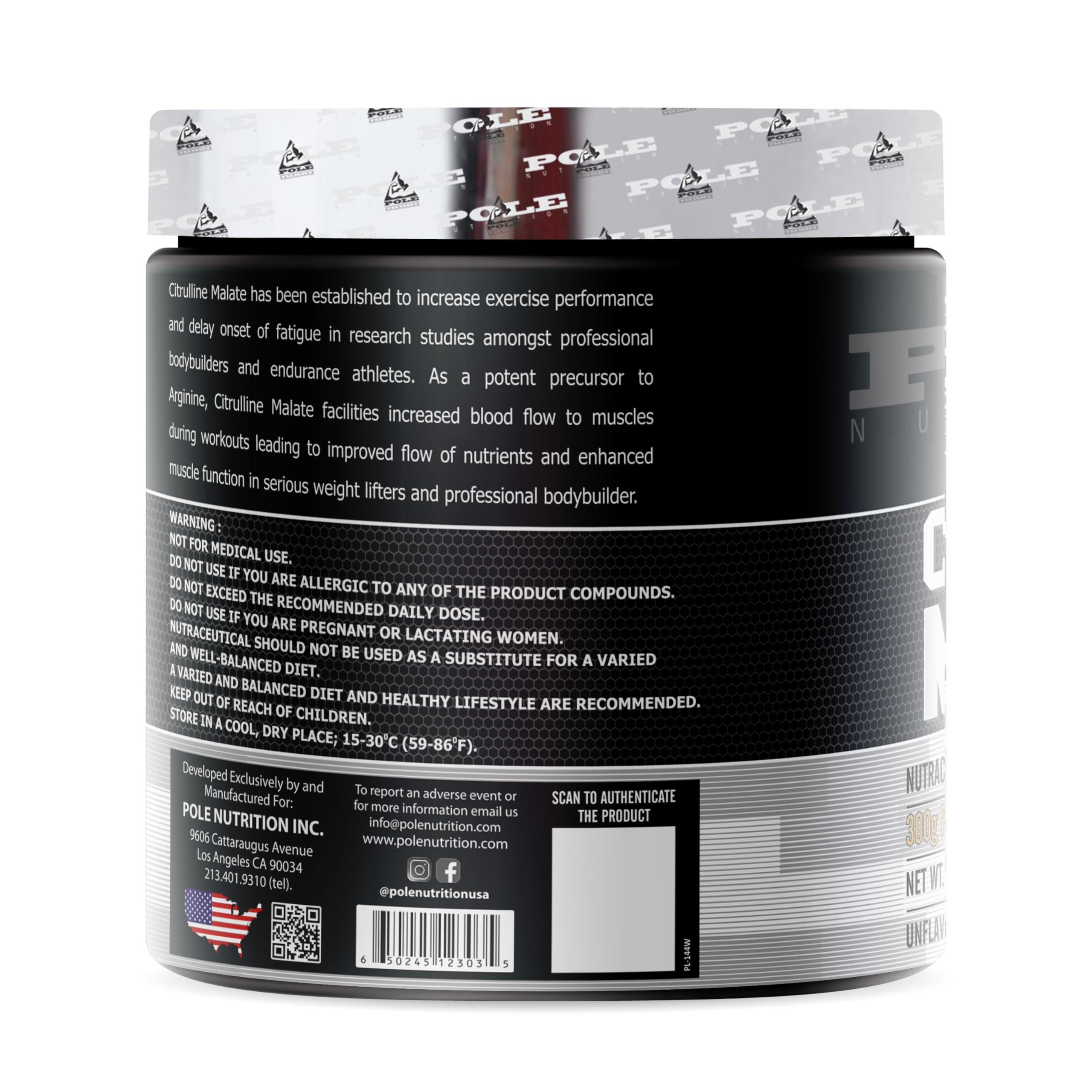 POLE NUTRITION PRO6 Pole Nutrition Citrulline Malate - Unflavored 300g | Boost Endurance & Recovery | Premium Nitric Oxide Support