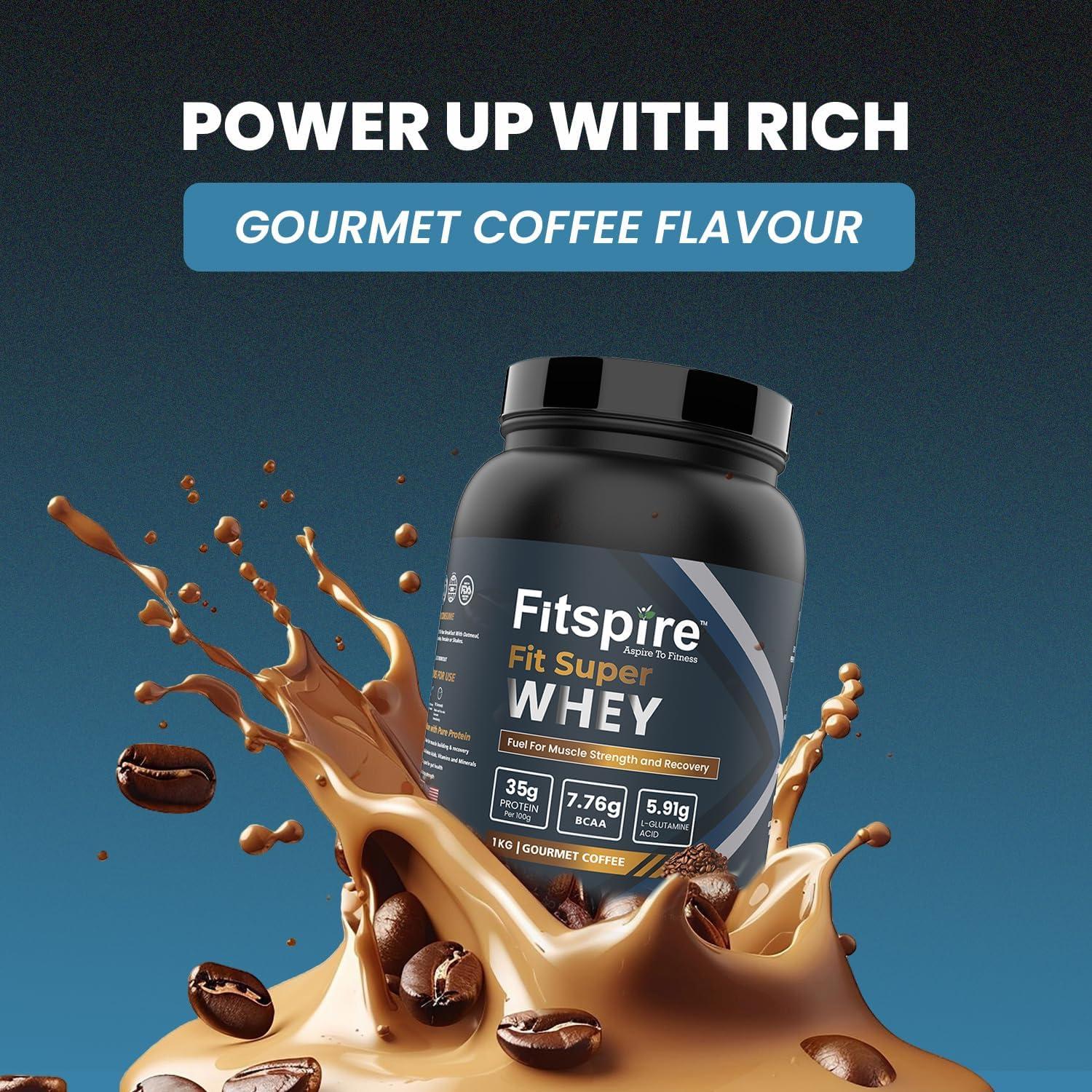 Fitspire Fitspire Fit Super Whey Protein For Men & Women | 36g Protein Per 100g Serving | 7.6g BCAA Ratio | 100% Whey Protein For Muscle Growth & Recovery - Pack Of 2 | (Gourmet Coffee)