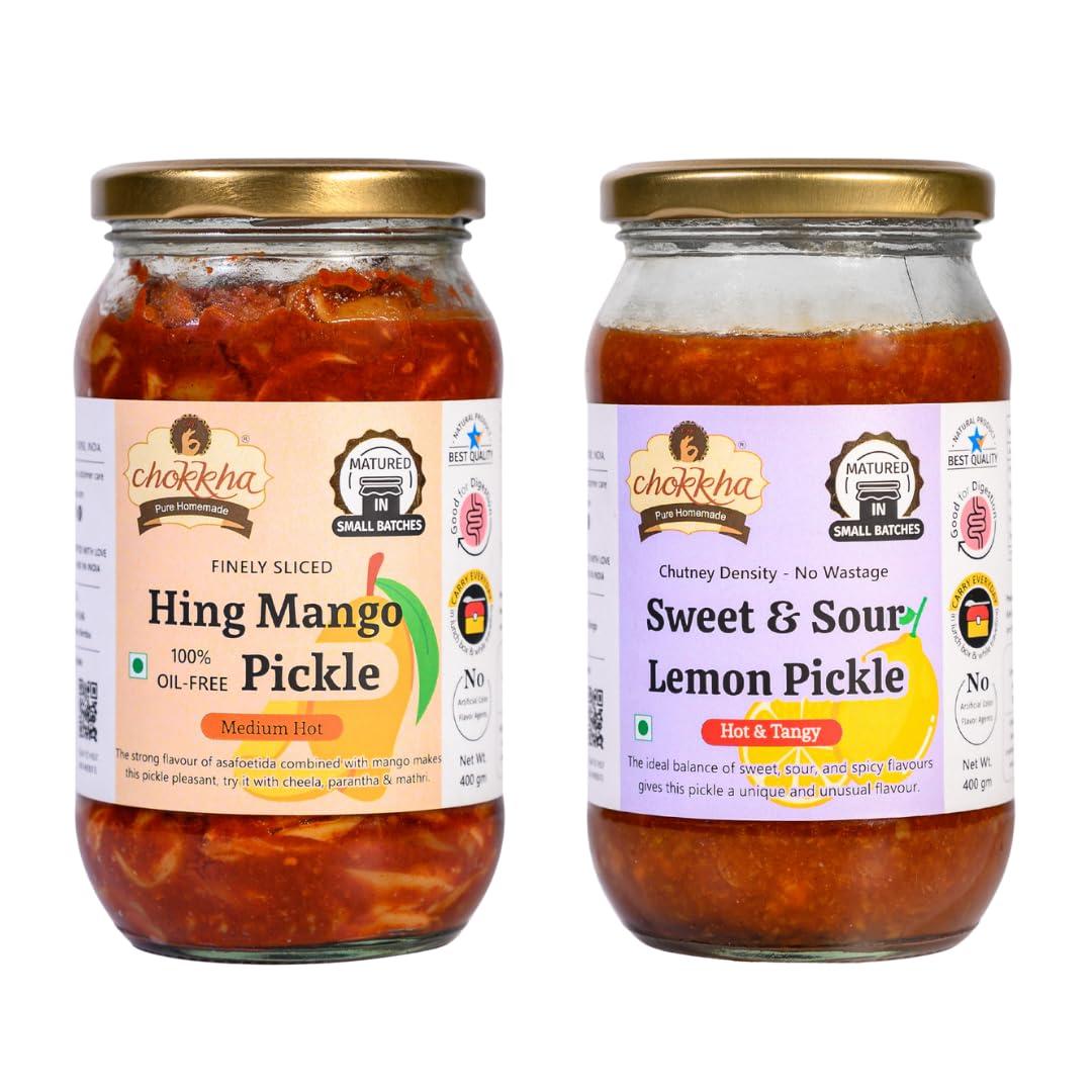 Chokkha Chokkha Traditional Homemeade Hing Mango & Sweet & Sour Lemon (Hing Aam, Khatta Meetha Nimbu) | No colour Added | Vegan | 100% Oil-Free | Combo of 2 | 400 Gm Each