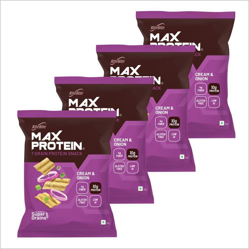 RiteBite Max Protein RiteBite Max Protein Chips - Spanish Tomato 60g - Pack of 4 & Max Protein Chips - Cream and Onion 60g - Pack of 4