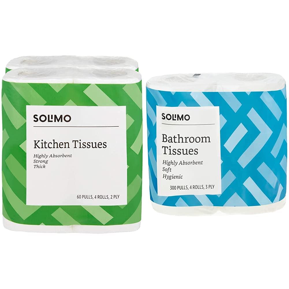 Amazon Brand - Solimo Solimo 2 Ply Kitchen Tissue Paper Roll 4 Rolls (60 Pulls Per Roll) & Solimo 3 Ply Toilet Paper Tissue Roll 4 Rolls (300 Pulls Per Roll)