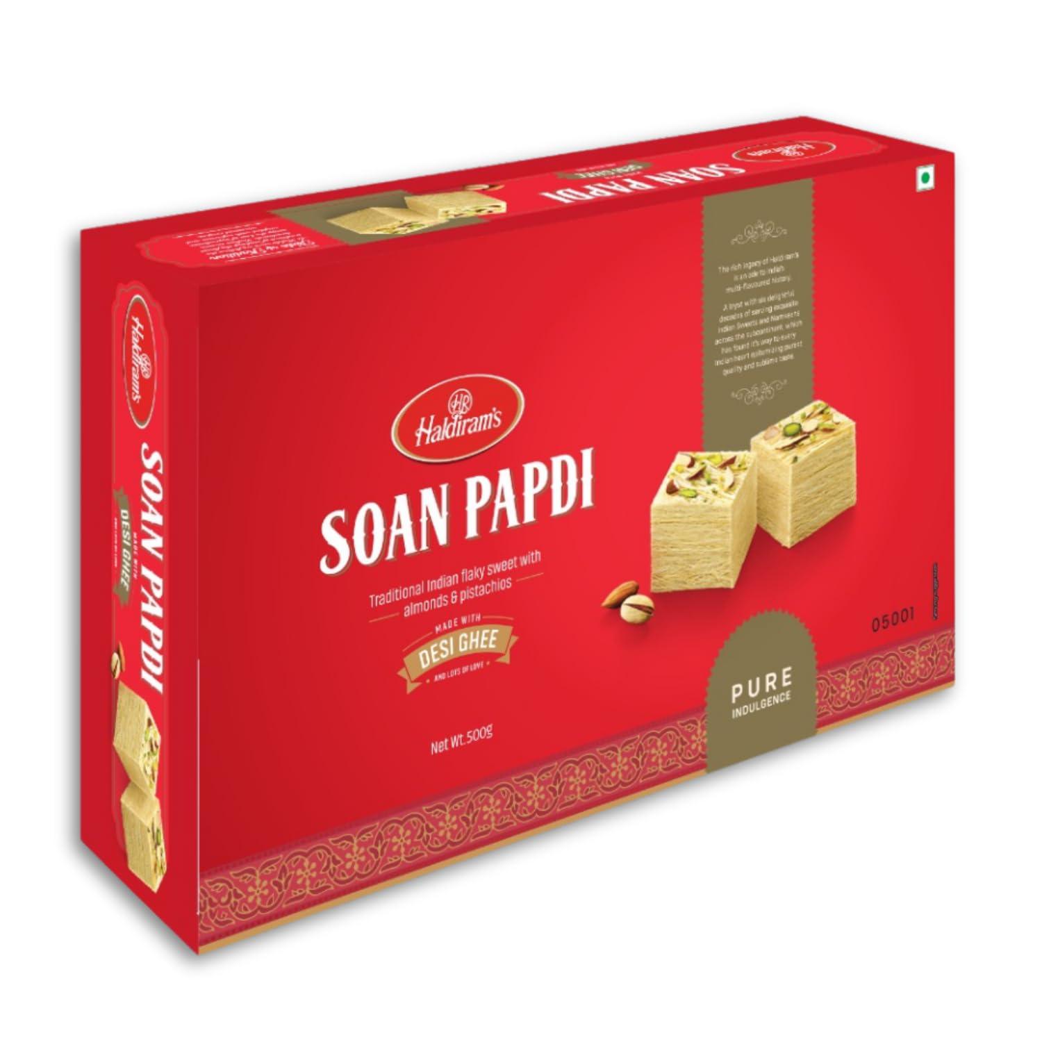 Haldiram\'s Haldiram\'s Soan Papdi Desi Ghee Combo Pack (500g x 2) | Traditional Indian Sweet | Finest Ingredients | Crunchy Almonds & Pistachios | Indian Mithai | Festive Delight | Great Gift Pack for Festival | Mithai for Raksha Bandhan