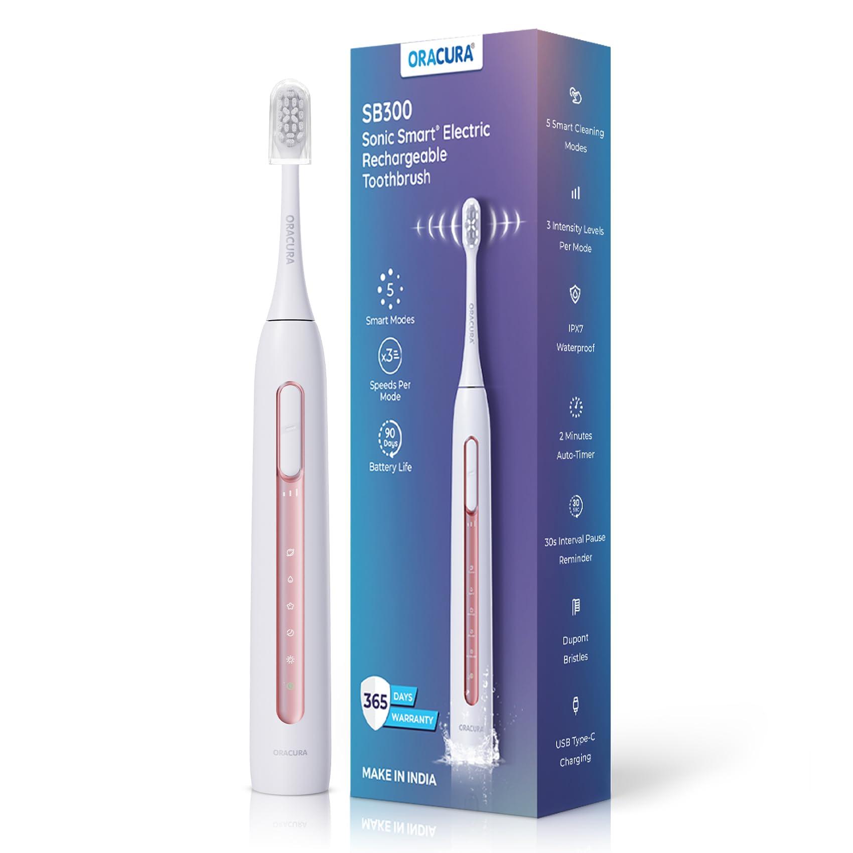 ORACURA ORACURA Sonic Smart Electric Rechargeable Toothbrush SB300| Peach |4 Vibrant Colors| 36,000 strokes/min| With 5 Modes & 3 Intensity Levels| IPX7 Waterproof| 2 Minutes Auto-Timer| 90 Days Battery Life