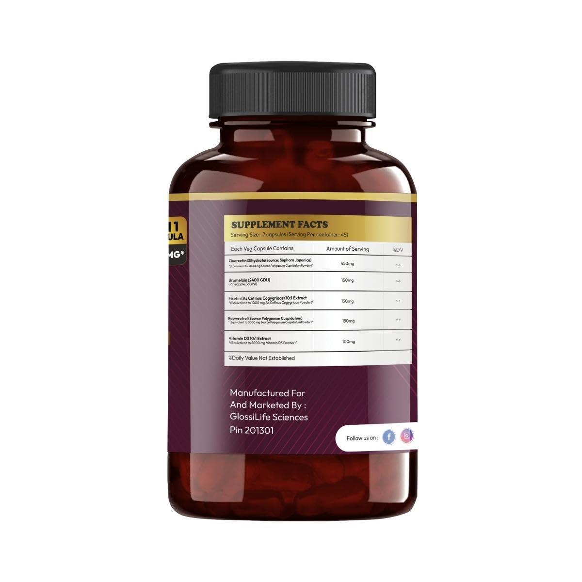 GlossiLife Sciences Quercetin with Bromelain 1000mg 5 in 1 Formula 90 Capsule