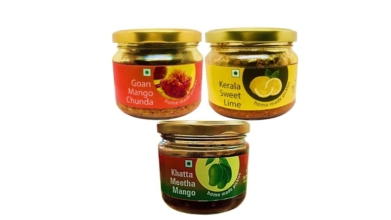 BB PICKLES BB PICKLES Homemade Goan Mango Chunda/Kerala Sweet Lime/Khatta Meetha Mango Pickle Authentic Recipe and Taste (Pack of 3 Jar 300g Each)