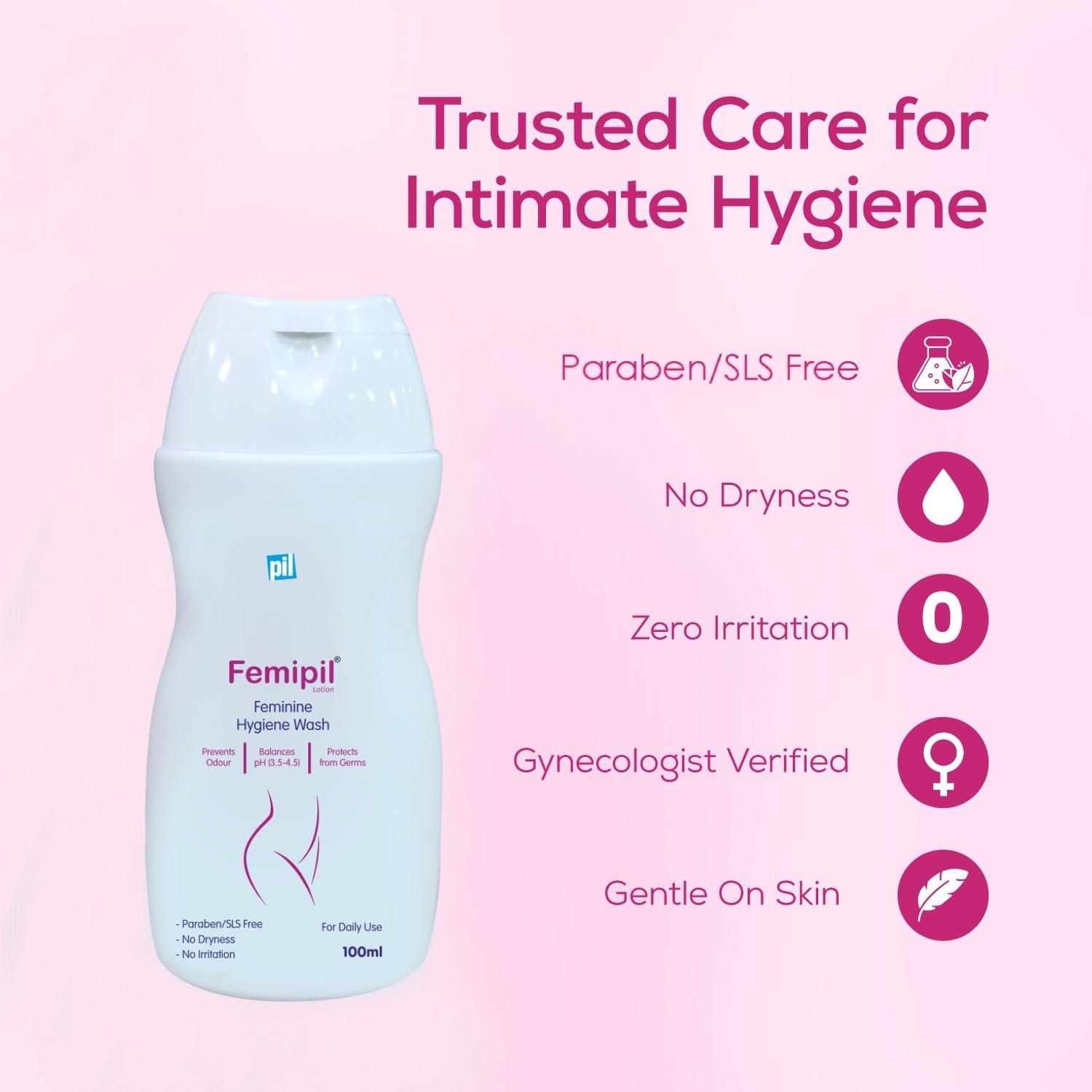 pil Pil Femipil Lotion | Intimate Wash for Women (100ml,Pack of 2) | Enriched with Vitamin E, Aloevera Extracts & Lactic Acid | Prevents Dryness, Itchiness & Irritation