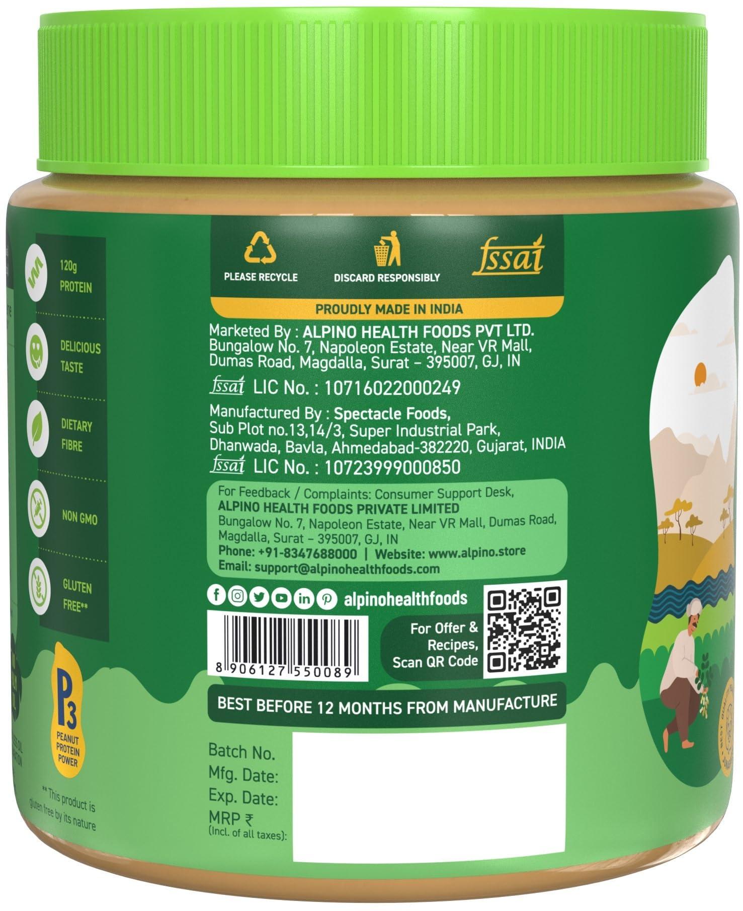 Alpino ALPINO Natural Peanut Butter Smooth 800g - Made with 100% Roasted Peanuts - 30g Protein, No Added Sugar & Salt, non-GMO, Gluten Free, Vegan Plant Based, Unsweetened Peanut Butter Creamy 400g, Pack of 2