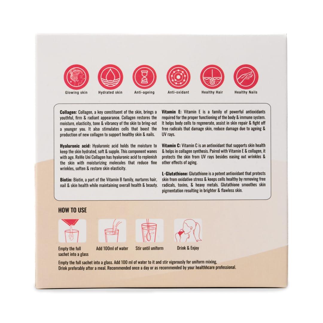 REME ReMe Uni Collagen - Pure Premium Marine Collagen Peptide With Antioxidants - Pack of 30 Stick Packs. Color:White.