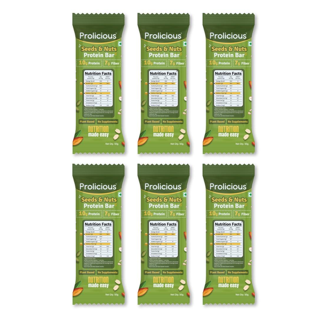 Prolicious Prolicious Nuts & Seeds Bar | 10 grams Protein & 4 grams Fiber | No Refined Sugar | Plant Based | Natural Ingredients | Pack of 6, 50 grams each