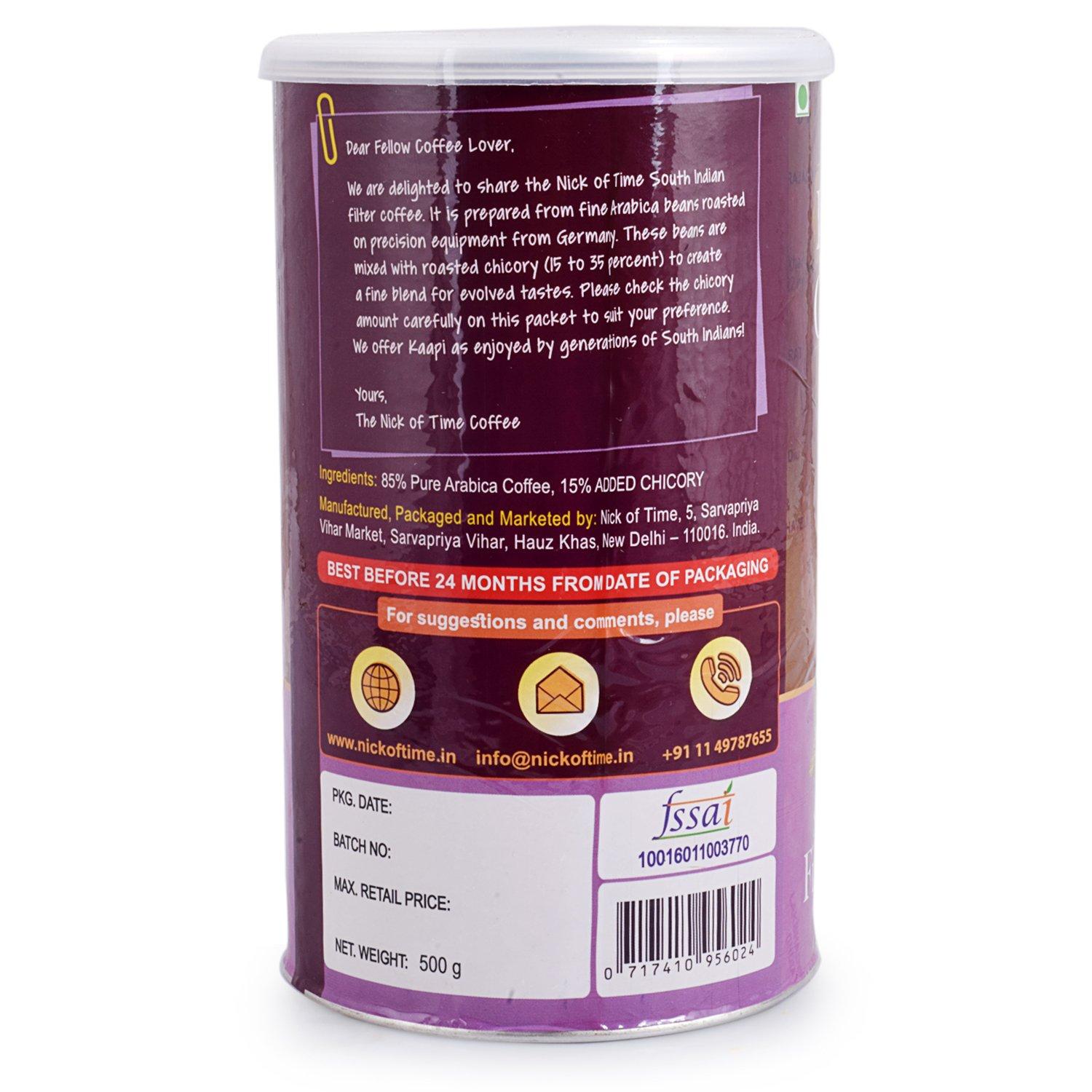 NICK OF TIME Nick of Time Traditional South Indian Chicory Filter Coffee Powder (85:15 Coffee Chicory Ratio) 100% Arabica AA Grade Dark Roast | Balanced Flavor & Aroma (500g|17.63 oz)