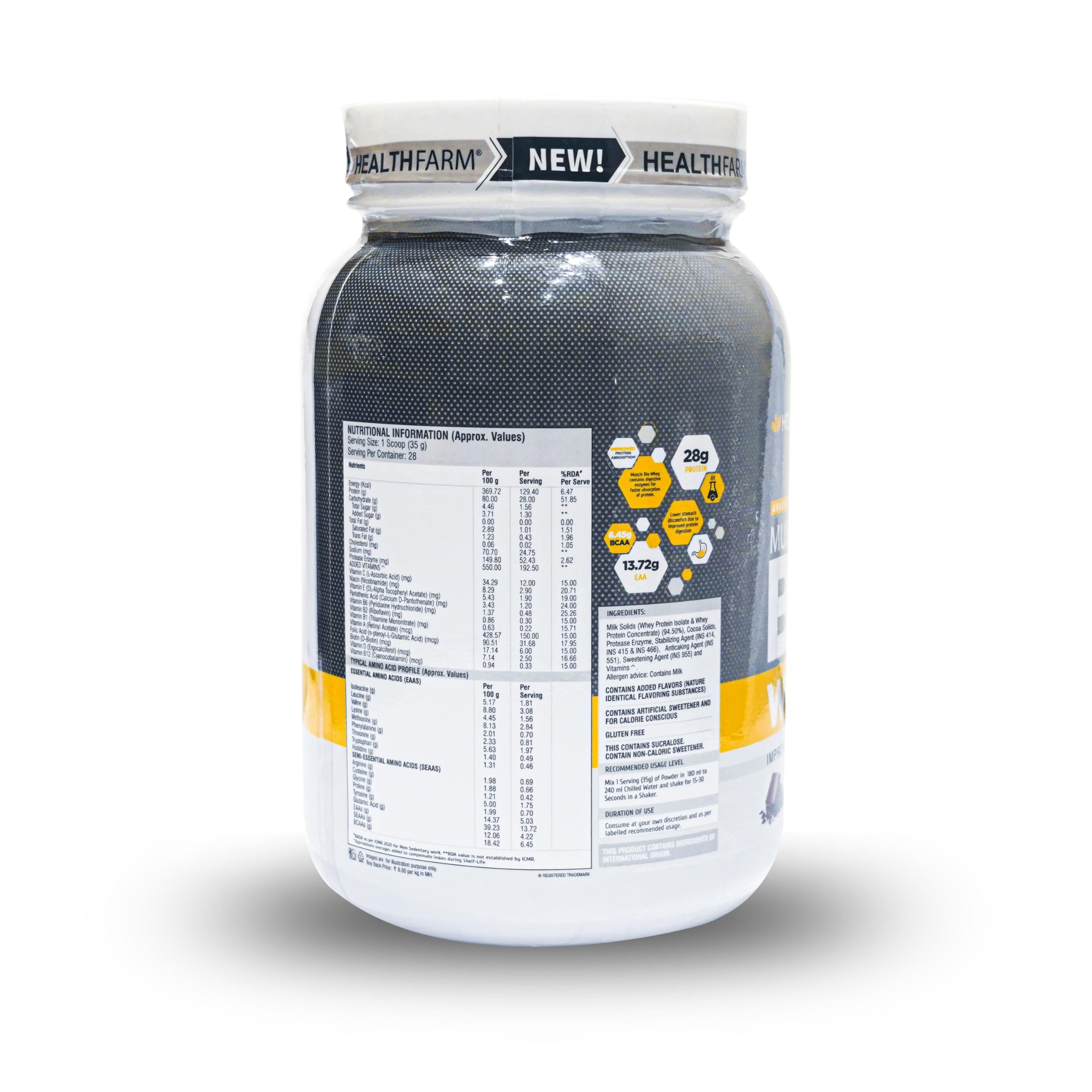 HEALTHFARM Healthfarm Muscle Bio Whey | Grass Fed Protein | Improved Protein Absorption (1 Kg, Milk Chocolate