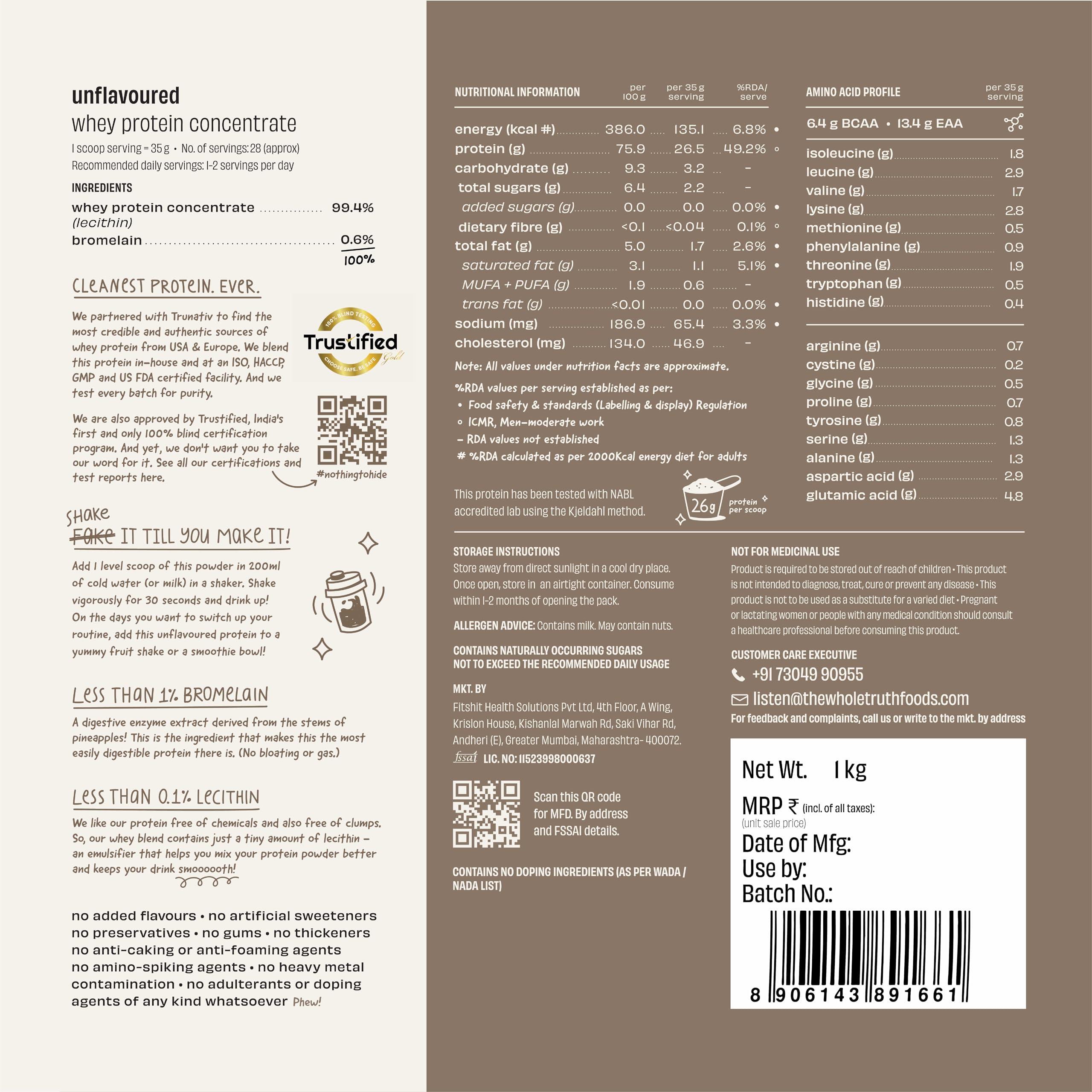 The Whole Truth The Whole Truth Whey Protein Concentrate Unflavoured |1 kg (2.2 lbs) | 26g Protein per scoop | 6.4g BCAA | 100% Authentic Whey & No Adulteration | Clean and Light | Muscle Building | Vegetarian
