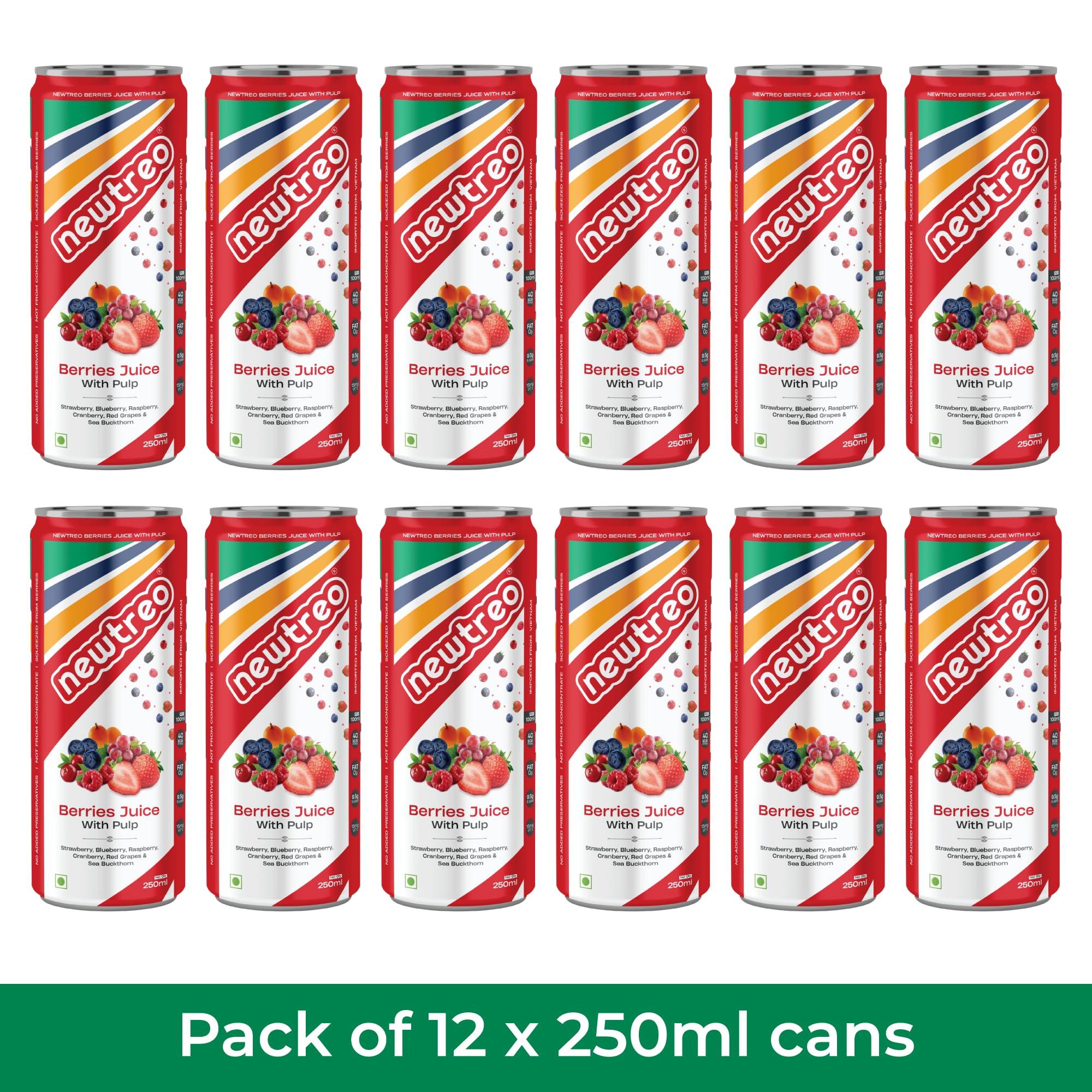 Newtreo Newtreo Berries Juice With Pulp | Imported from Vietnam | Strawberry, Blueberry, Raspberry, Cranberry, Red Grapes & Sea Buckthorn Juice | 12 x 250ml cans | No concentrates or preservatives added