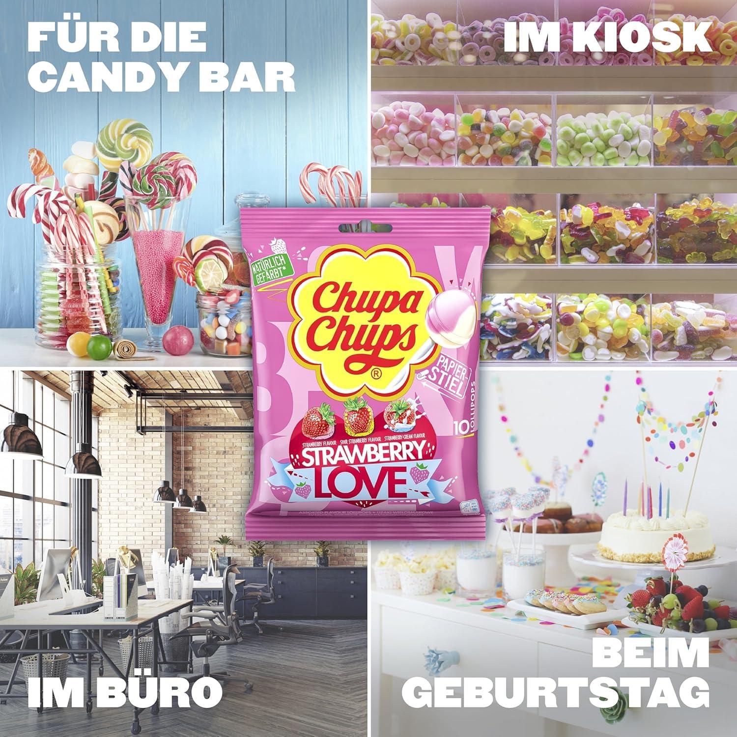 Chupa Chups Chupa Chups Strawberry Love Flavor 10 Lollipops (Strawberry, Sour Strawberry & Strawberry Cream)Imported, 120g