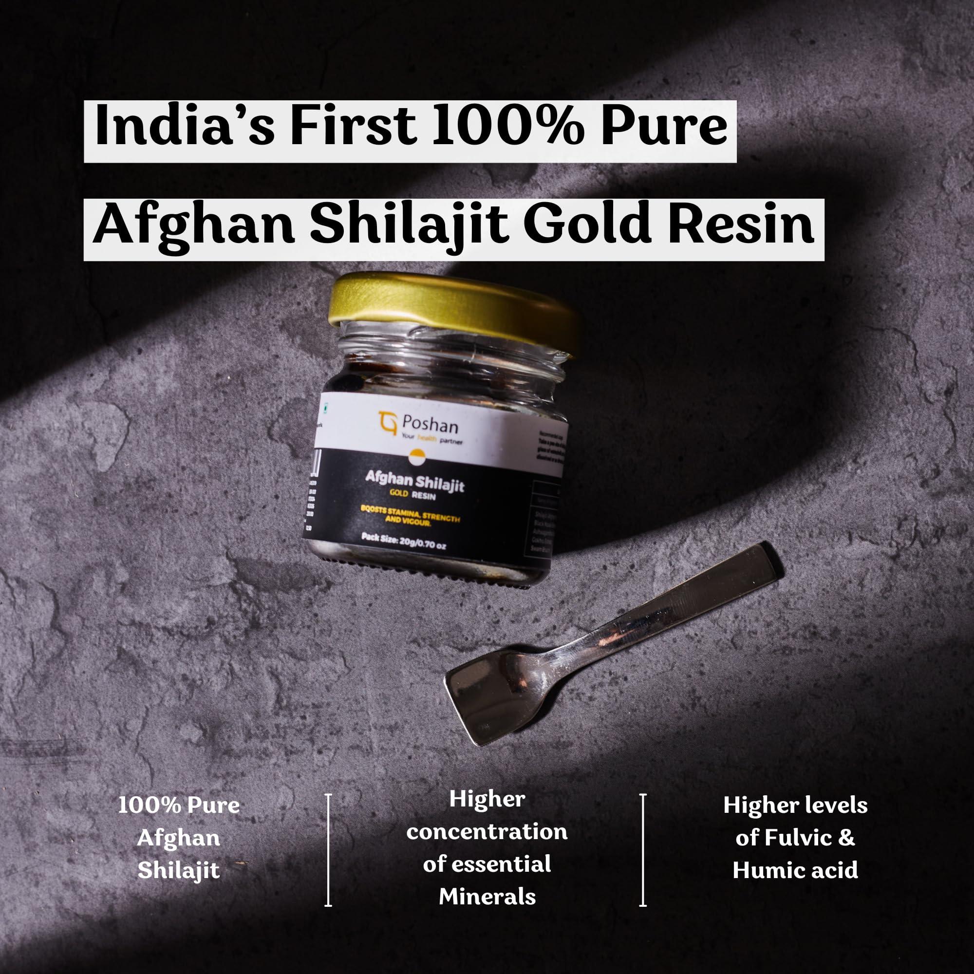 Poshan Health 100% Pure Afghan Shilajit Gold Resin | Increases Strength and Stamina | Muscle recovery and Nutrient absorption | Elevated with Ayurvedic herbs & Swarn bhasm | Sourced from the High Peaks of Afghanistan - 20g