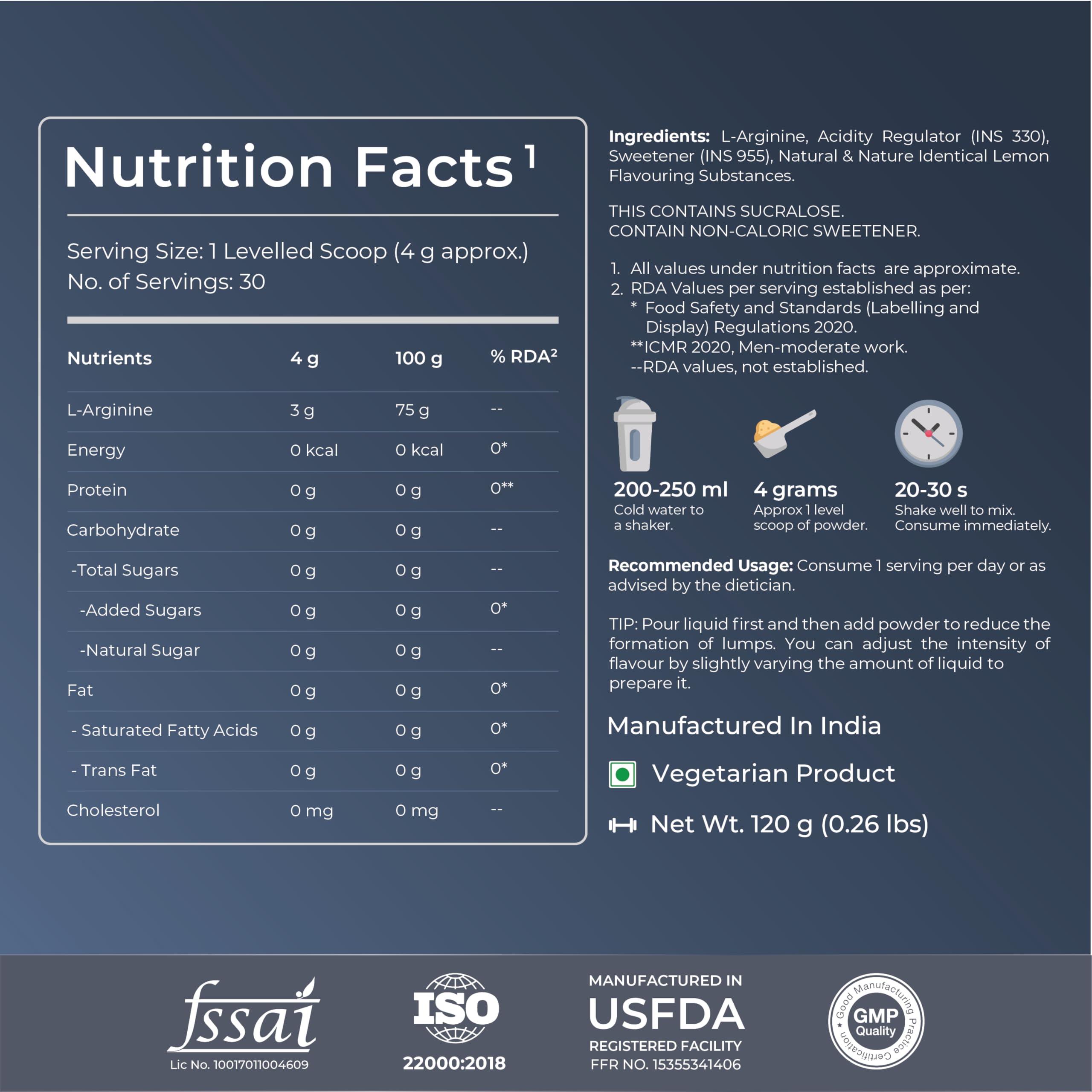 Nutrabay Nutrabay Gold L-Arginine Supplement Powder - 120g, Lemon Flavor | Pre Workout Amino Acid for Endurance, Muscle Building & Faster Recovery