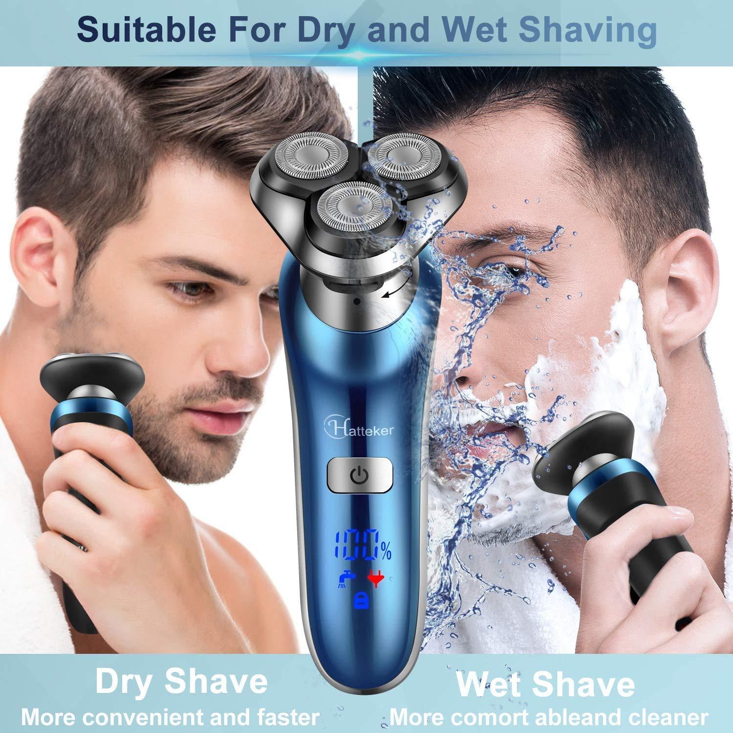Hatteker Hatteker 4 in 1 Electric Cordless Wet Dry Face Brush Rotary Shaver, Trimmer for Men for Beard, Nose, Hair (Blue)