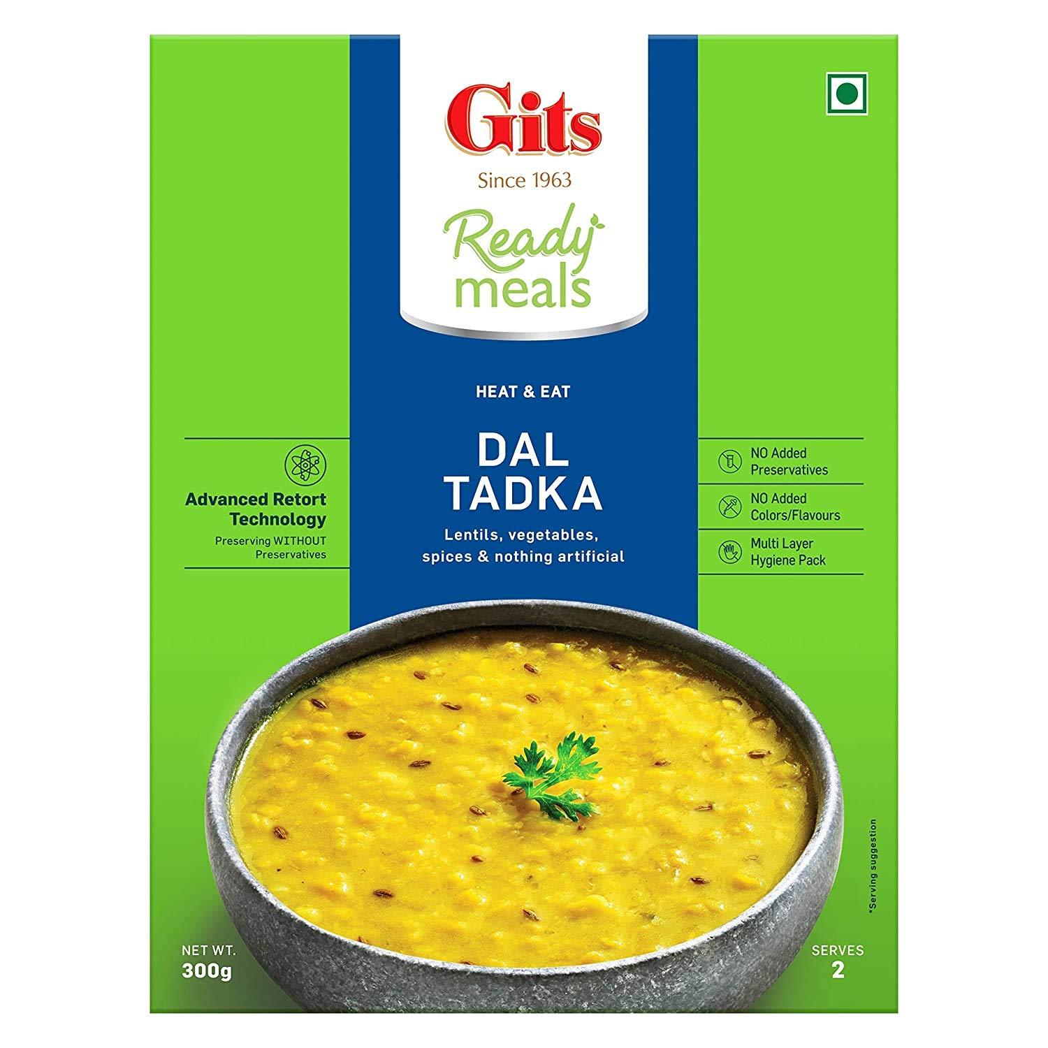 Gits Gits Ready to Eat Dal Combo Pure Veg Heat and Eat Indian Meal 1200g (Dal Makhani 300g X Pack of 2 + Dal Tadka 300g X Pack of 2)