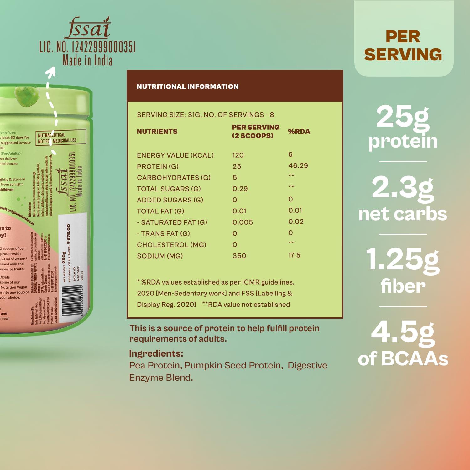 ORIGIN NUTRITION Origin Nutrition 100% Natural Vegan Protein Powder, Unflavoured with 25g Plant Based Protein, Gluten Free, Dairy Free, No Added Sugar, Soy Free, Non - GMO, Jain, 8 Servings, 260g