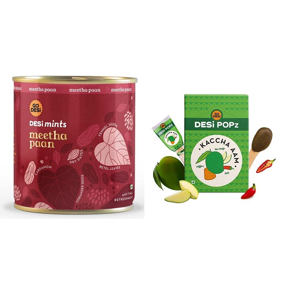 GO DESi Go Desi Meetha Paan Mouth fresheners, Desi Mints, Refreshing Mouthfreshener, Mukhwas (2 x 90g) & GO DESi Popz Kaccha Aam | 40 Pieces