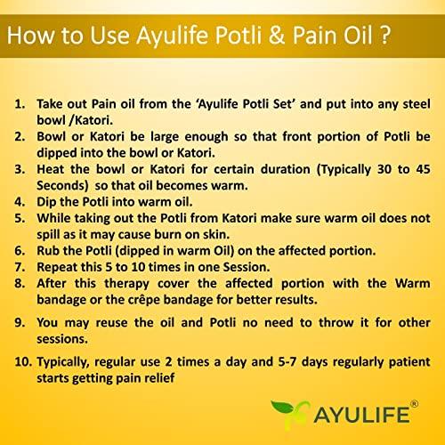 Ayulife Ayulife Ayurveda Potli Massage and Ayurveda Pain Relief Oil Combo Pack, Easy to use, Kit usable for 20 massages Suited for Pain in Lower Back, Neck, Cervical, Sciatica, Lumber (Weight 265 gram)