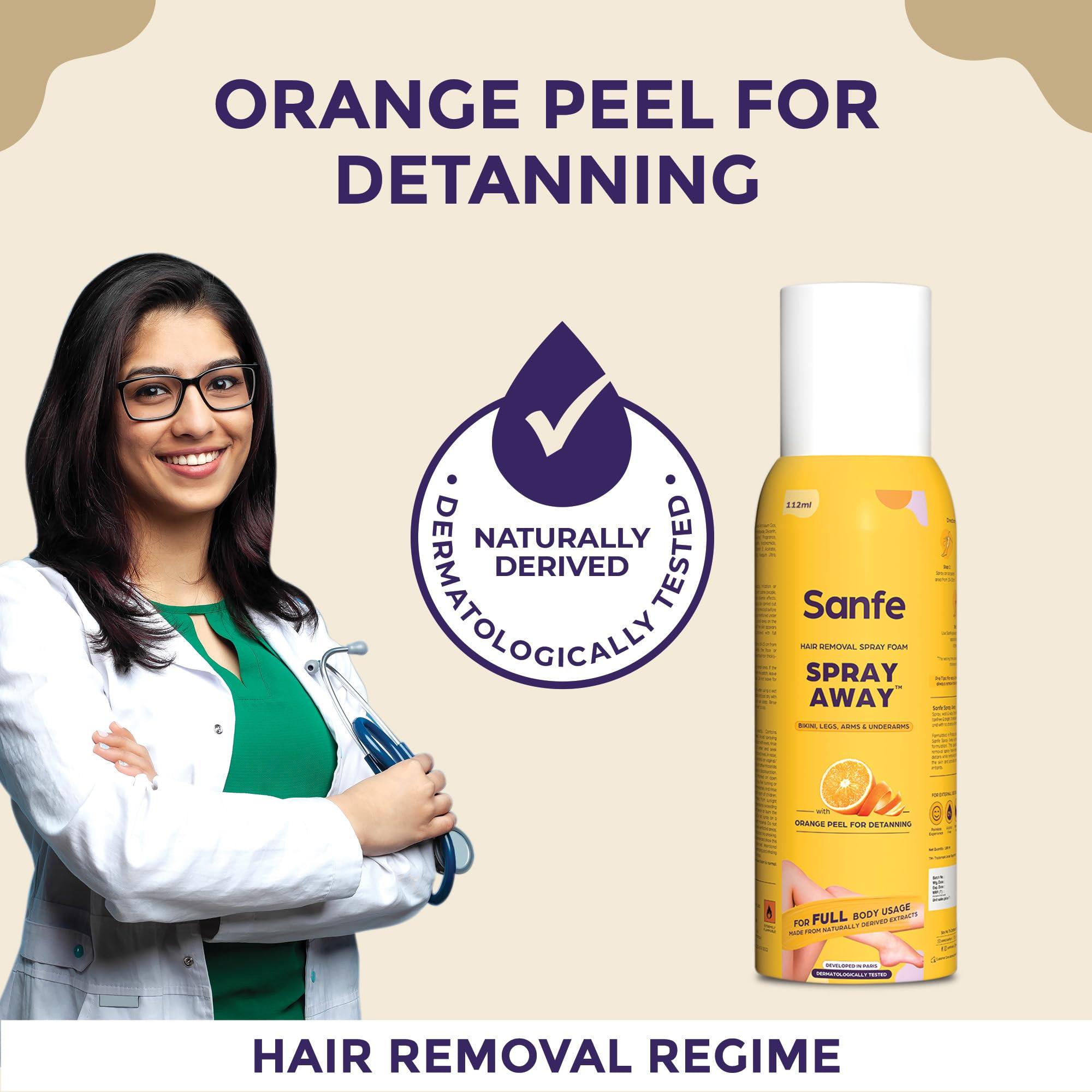 Sanfe Sanfe Painless & Detan Hair Removal Spray Cream - 112 ml | For Chest, Legs, Arms & UnderArm | Removes Hair in 10 Minutes with Skin Detan | Orange Peel, Aloevera, Vitamin E & Niacinamide | Dermatologist Tested