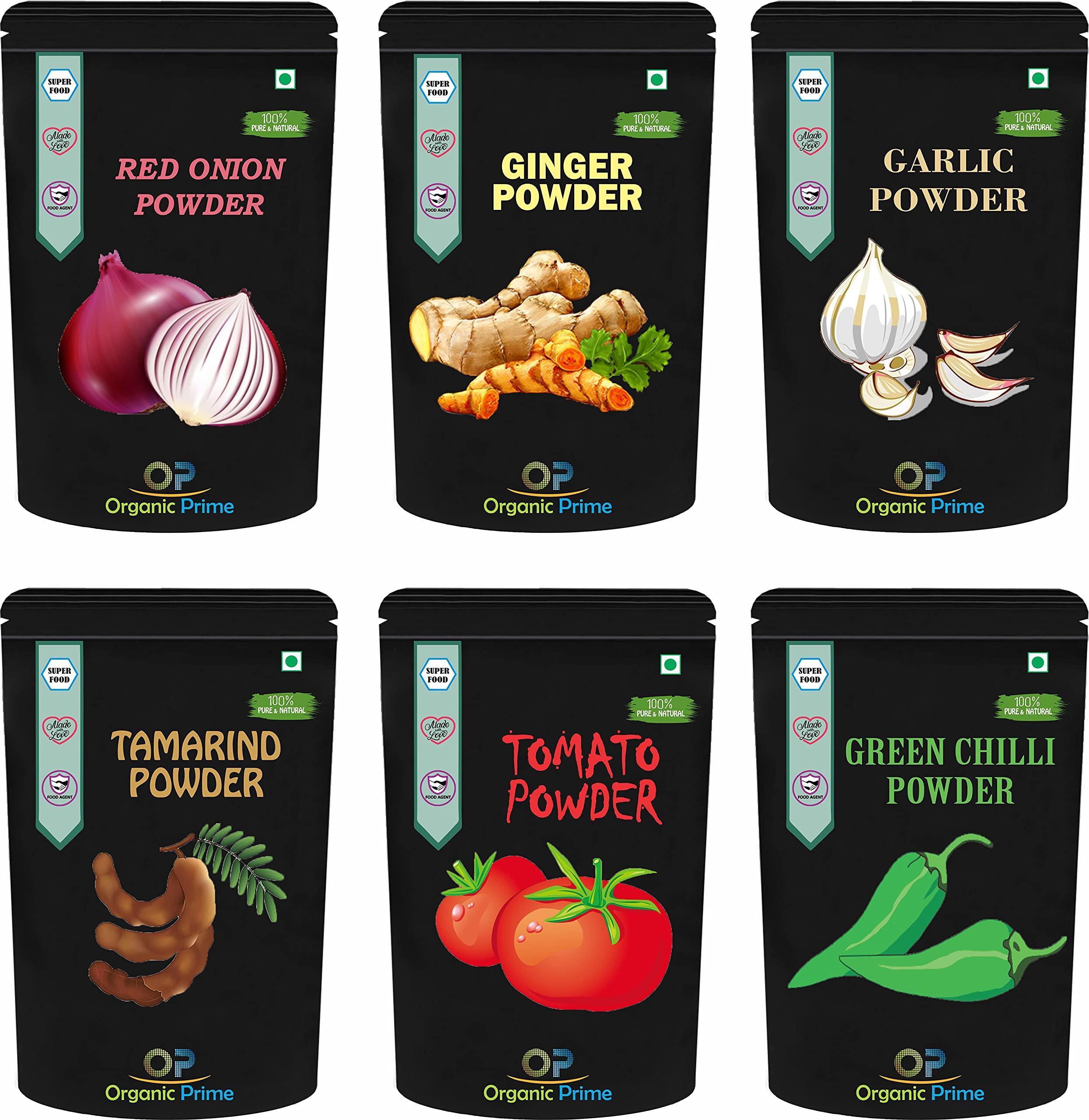 Organic Prime Organic Prime Pack of 6 - Red Onion Powder 100 GM, Garlic Powder 100 GM, Ginger Powder 100 GM, Totamo Powder 100 GM, Tamarind Powder 100 GM & Green Chilli Powder 100 GM Super Saver Combo Pack