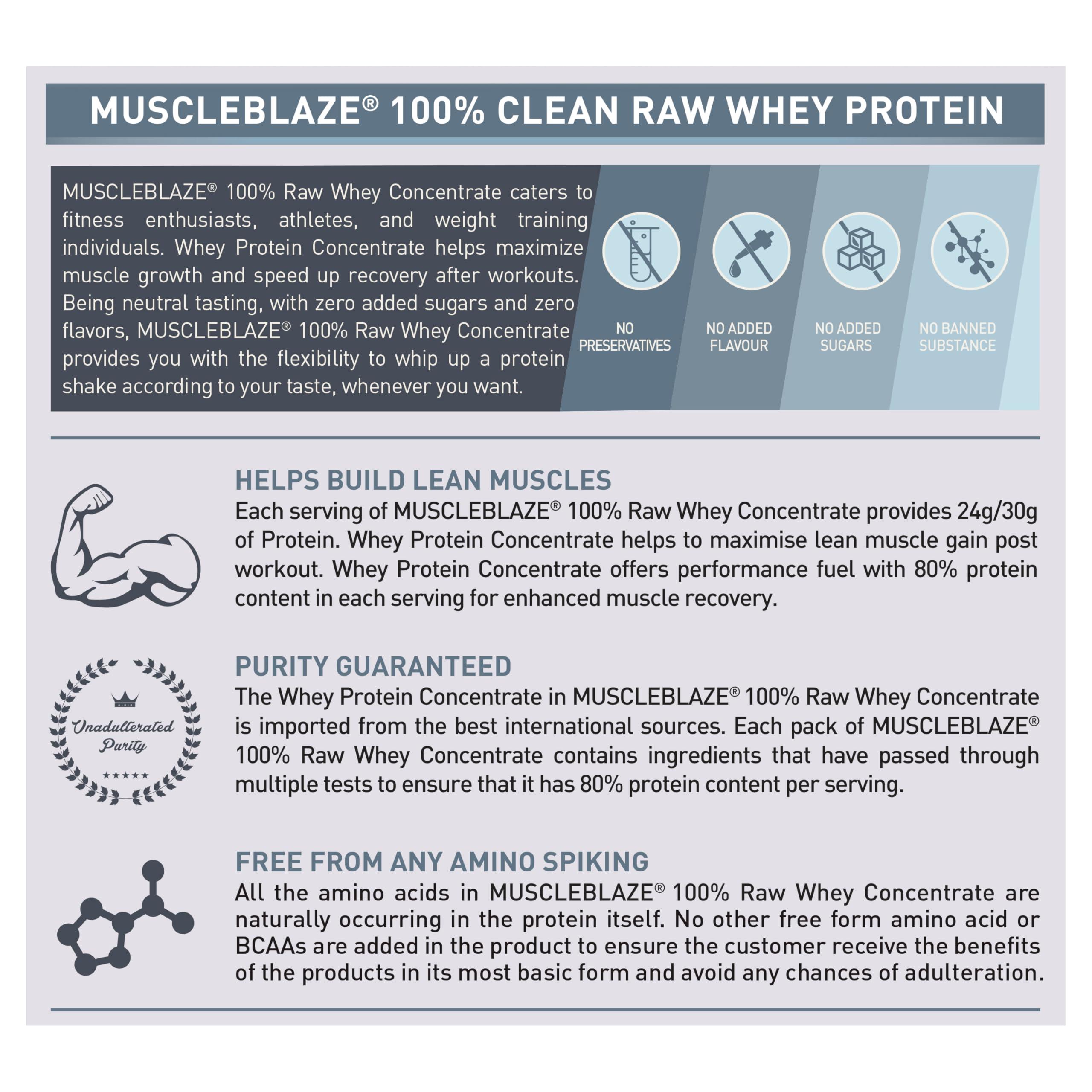 MuscleBlaze MuscleBlaze Raw Whey Protein Concentrate 80% with Added Digestive Enzymes, Labdoor USA Certified (Unflavoured, 500 g / 1.1 lb)