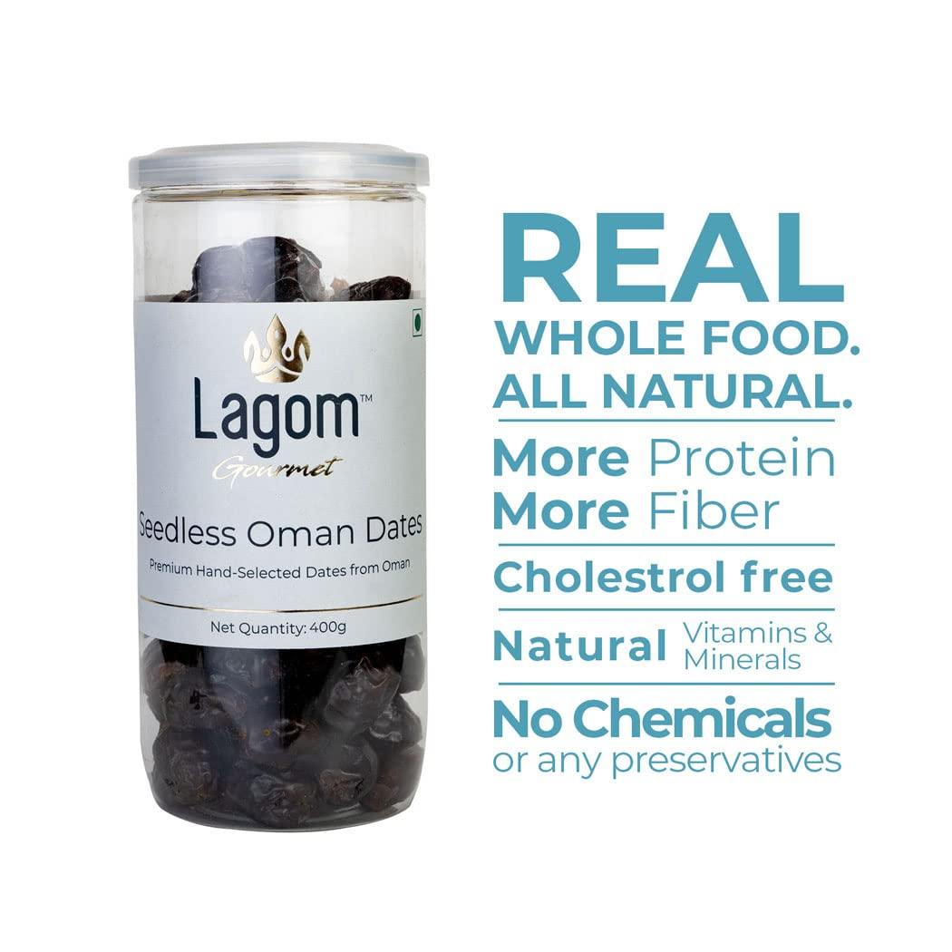 Lagom Lagom Gourmet Seedless Omani Dates 400g | All Natural | No Preservatives | No Added Sugar | Gluten Free | Vegan | Plant Based | Non GMO | Dates Dry Fruits | Khajur | Khajoor | Khejur