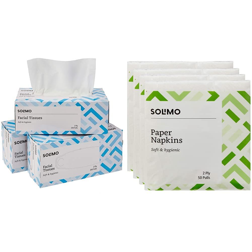 Amazon Brand - Solimo Amazon Brand - Solimo 2 Ply Facial Tissues Carton Box - 200 Pulls (Pack of 3) & Amazon Brand - Solimo 2 Ply Paper Napkins - 50 Pulls (Pack of 4)