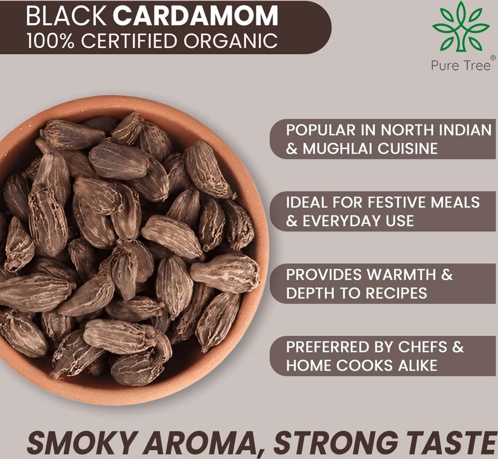 Pure Tree Pure Tree Certified Organic Black Cardamom Whole | 50 g | Badi Elaichi Indian Spice | Moti Elaichi Organic Adds Aroma and Flavour | Cardamom Elaichi Whole