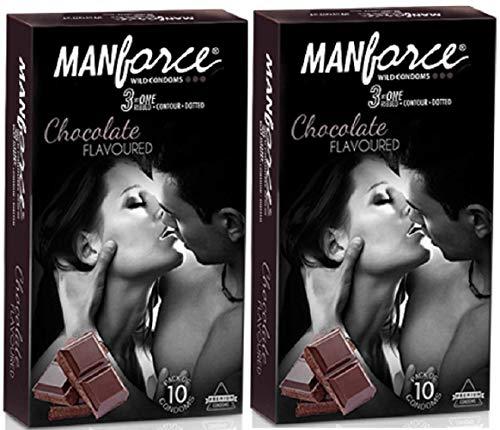 Manforce MANFORCE CHOCOLATE FLAVORED CONDOM FOR MEN, RIBBED-CONTOUR-DOTTED 3 IN ONE, SET OF 2 (2 * 10S) 20S