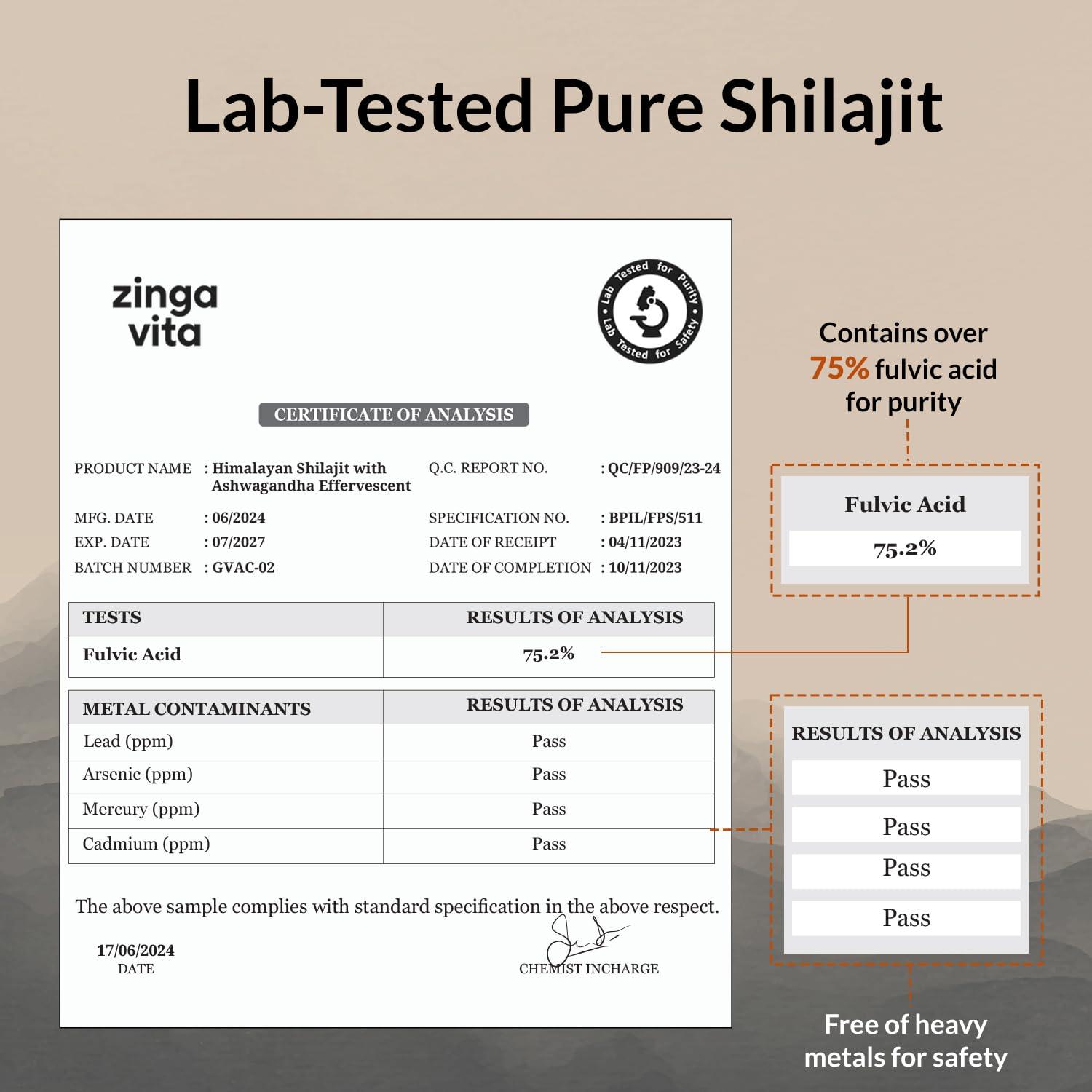 Zingavita Zingavita Himalayan Shilajit Original (750mg) Effervescent Tablets, With Ashwagandha, Gokshura & Safed Musli for Strength, Performance & Muscle recovery, Cardamom Flavour | Ayush Approved | Pack of 1