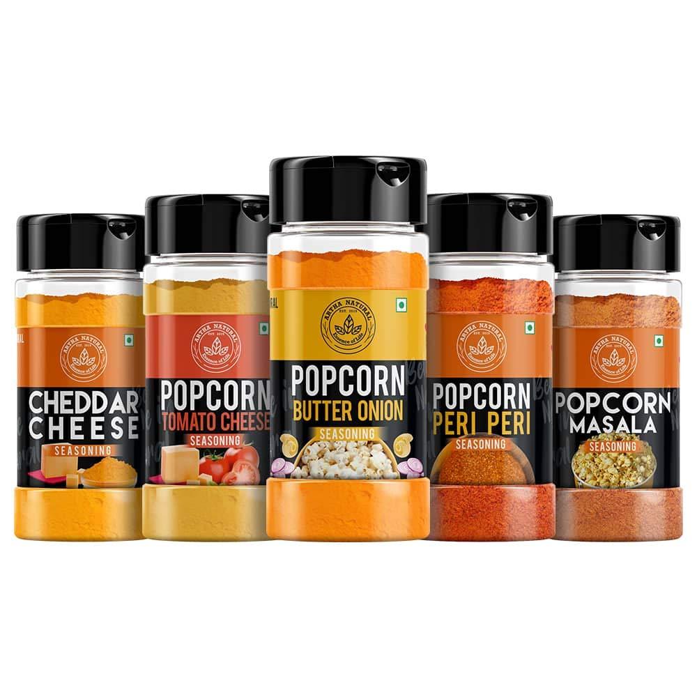 ARTHA NATURAL Artha Natural - Popcorn Seasoning Combo - Cheddar Cheese Seasoning, Butter Onion, Cheese Tomato, Popcorn Masala, Peri Peri Masala [For PopCorn Seasoning, Nachos, Sprinkle on French Fries] - 200g each (1000g)