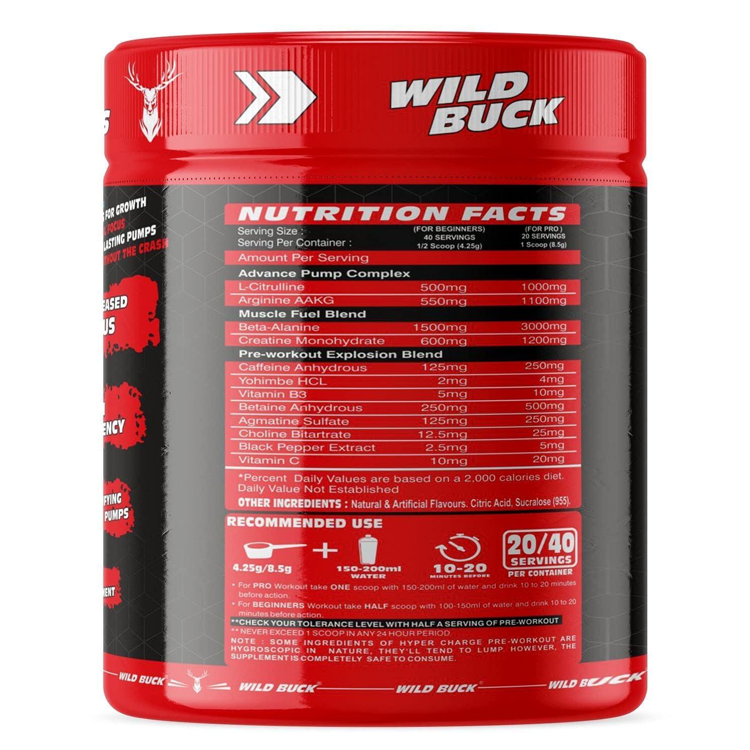 WILD BUCK WILD BUCK Hyper Charge Pre-X4 Hardcore Pre-Workout Supplement Powder with Creatine Monohydrate, Arginine AAKG, Beta-Alanine, Caffeinated Punch-For Men & Women [40 Serving, Virgin Mojito] + WILD BUCK Creatine Monohydrate Powder, Strength, Reduce Fatig