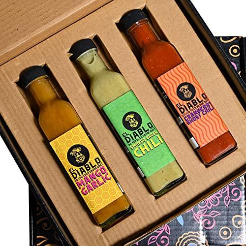 El Diablo Sauces All Natural Ingredient Gluten Free Spicy Hot Starter Sauces Combo Mango Garlic + Smoked Green Chili + Cranberry Ghost Chili Pack of 3