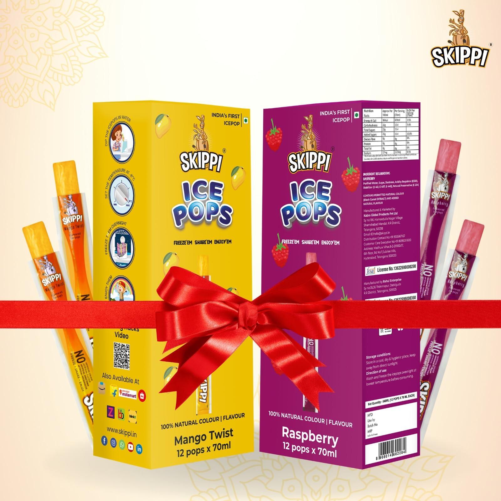 Skippi Ice Pops Skippi Icepops 100% Natural Freezer Pops, Juice Bars, Ice Pops - Raspberry & Mango Flavors (12+12 Pops Boxes)
