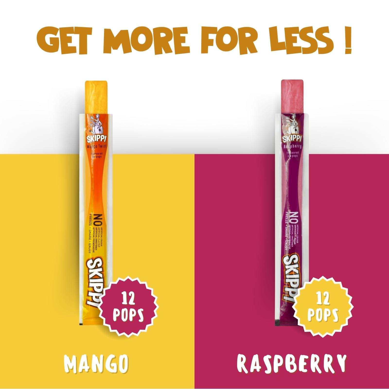 Skippi Ice Pops Skippi Icepops 100% Natural Freezer Pops, Juice Bars, Ice Pops - Raspberry & Mango Flavors (12+12 Pops Boxes)