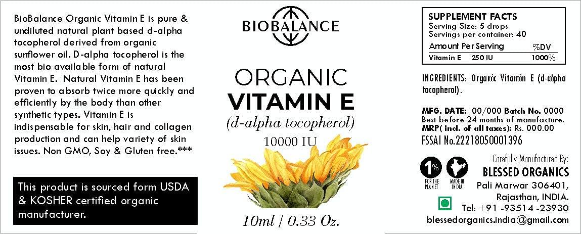 Bio Balance Bio Balance Organic Vitamin E, d-alpha tocopherol, 10,000 IU, Derived form Organic Sunflower Oil, 100% Pure & Undiluted, Soy/Gluten/GMO Free, Glass Bottle 10ml