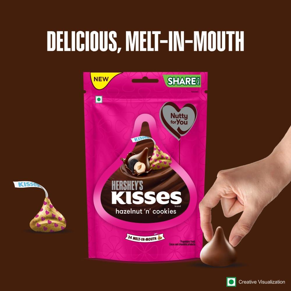 HERSHEY'S HERSHEY\'S Kisses Hazelnut \'N\' Cookies Pack Of 3 - Ingredients:Sugar,Milk Solids (21.5%),Cocoa Butter,Cocoa Solids (11.3%),Hazelnut Bits (5.5%),Cookies (4.5%) (Refined Wheat Flour (Maida), 100.8 Gm