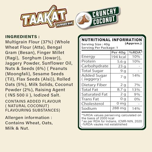 Taakat Hunger Bar Taakat Hunger Bar Crunchy Coconut - Pack of 20 bars | Multigrain | Nuts & Seeds | Pure Jaggery | 5g Protein | Source of Fiber | No Maida | No Palm Oil | No Refined Sugar | Baked & Crunchy | Tasty & Filling