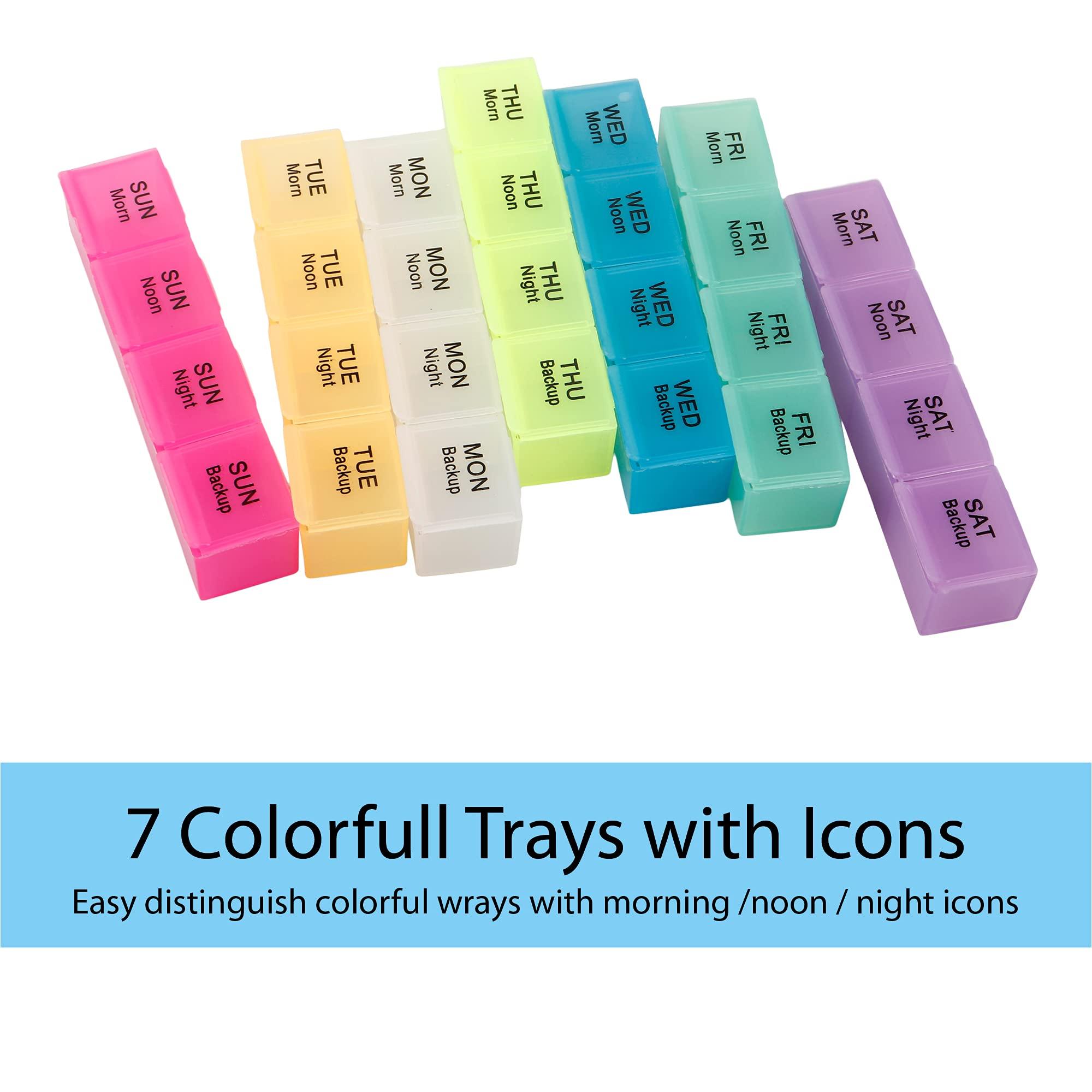 QENIXO Qenixo Weekly Pill Organizer 4 Times A Day, 7-Day, Monthly Medication Organizer 28 Days Dispenser Pill Boxes Large Compartments Moisture-Proof Case Medication Reminder Portable Travel Compartments,Travel Kits,Dust-Proof Box (Multicolor, 4 times) (Whi