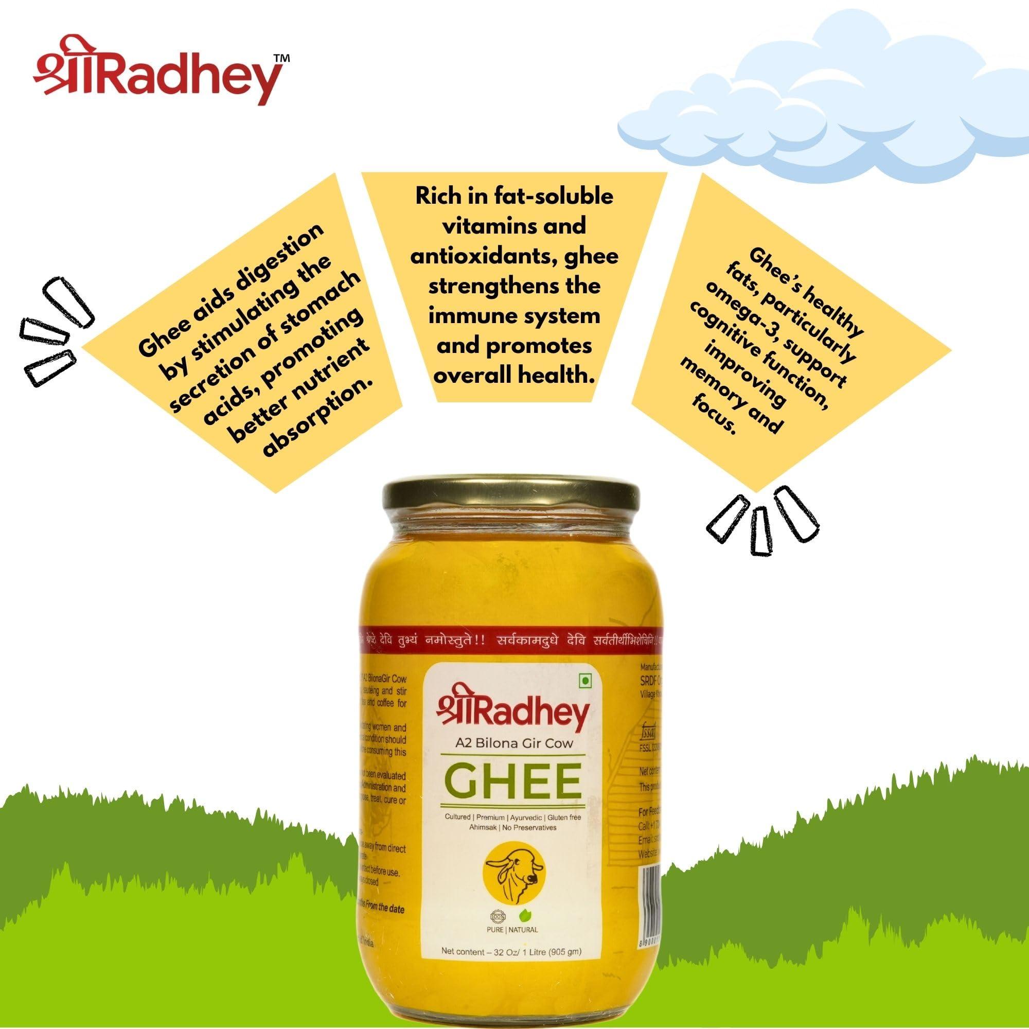 SHREERADHEY SHREERADHEY Gir Cow Ghee I A2 Bilona Traditional Bilona Method I 1 L Glass Bottle, 1.53 Kg