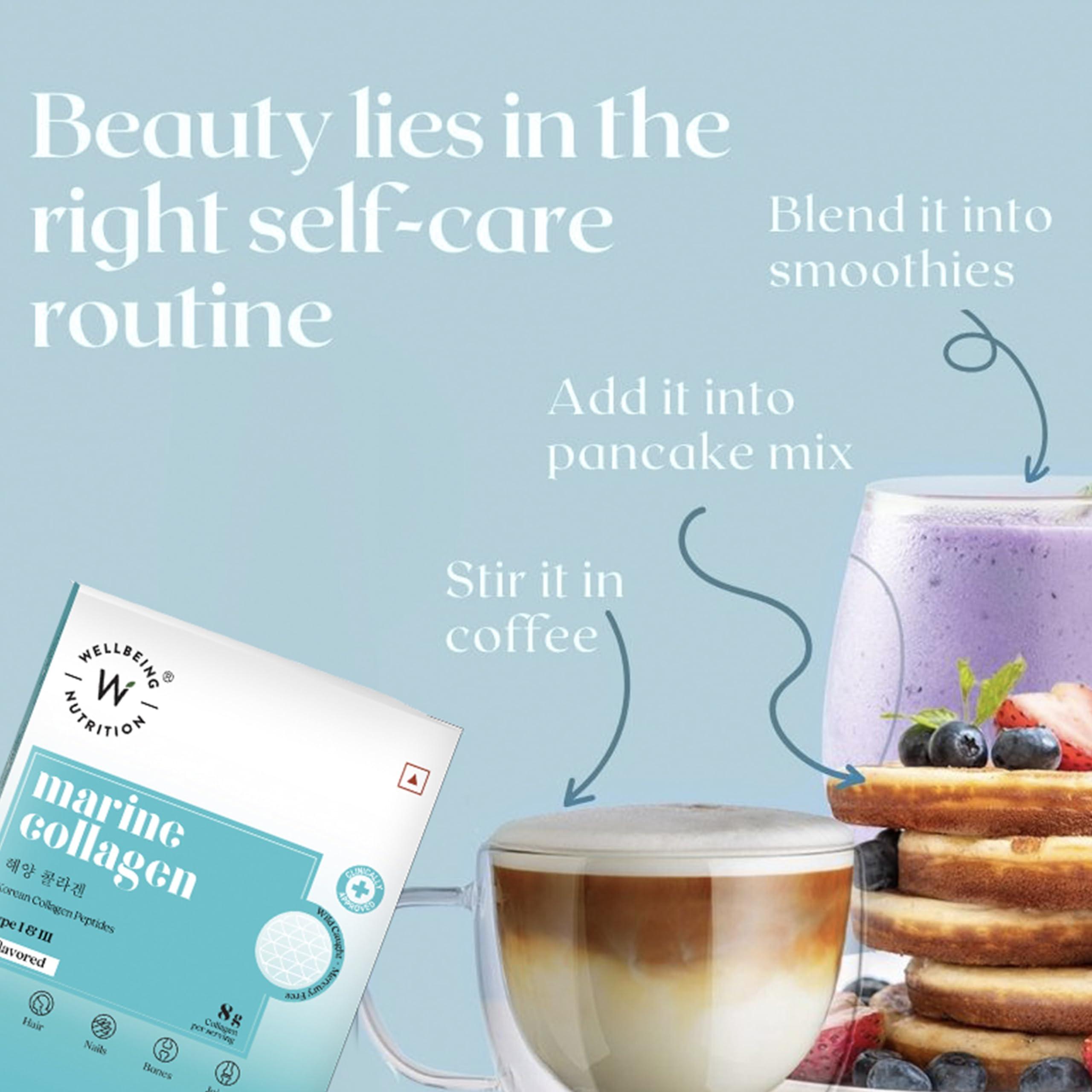 WELLBEING NUTRITION Wellbeing Nutrition Pure Korean Marine Collagen Supplements for Women & Men|Clinically Proven Type 1 & 3 Hydrolyzed Peptides|For Anti-Aging,Radiant Skin & Hair Growth|Unflavored - 6 Sachets, 48 grams