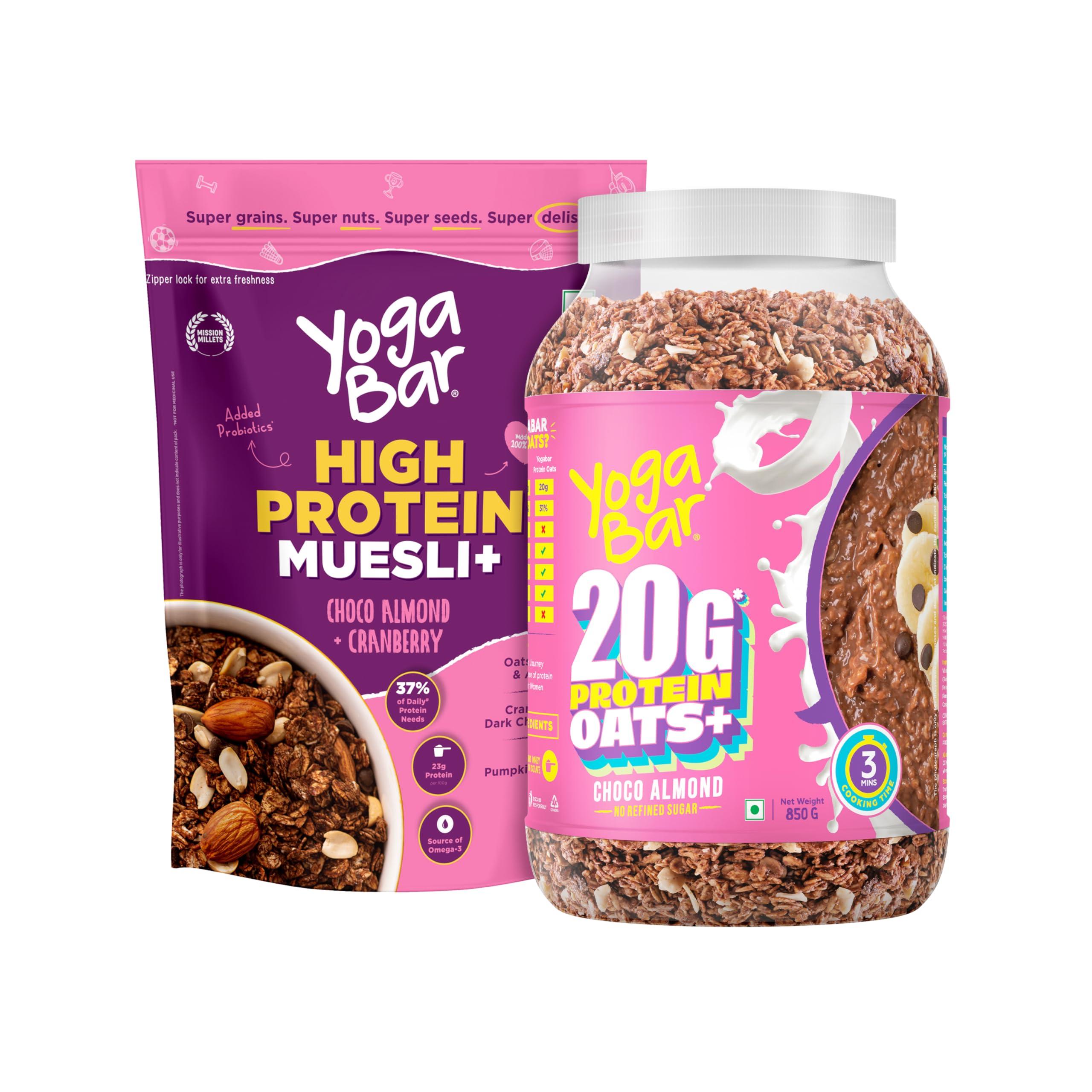 Yogabar Yogabar High Protein Muesli - Choco Almond & Cranberry - 21g Protein Muesli with Premium Whey Protein Isolate 350g, and 1 High Protein Oats 850g | Choco Almond Oatmeal | High Fiber (Combo of 2)